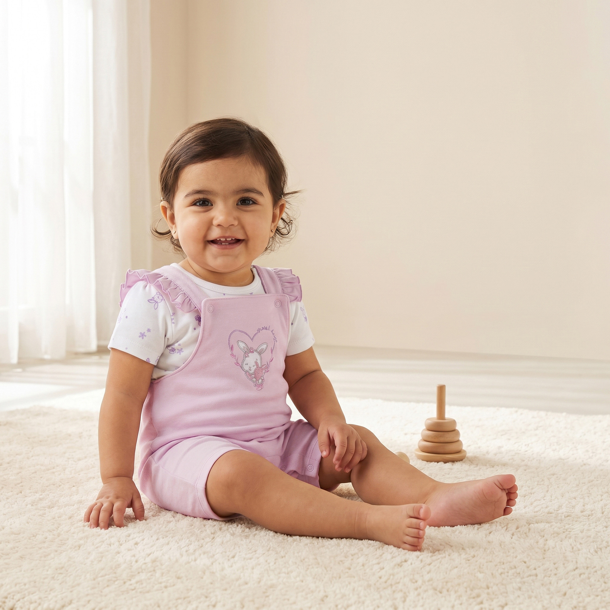 Juniors Round Neck Short Sleeves T-shirt and Dungaree Set with Bunny Print-baby-girls-clothing-setsandcoords-image-1