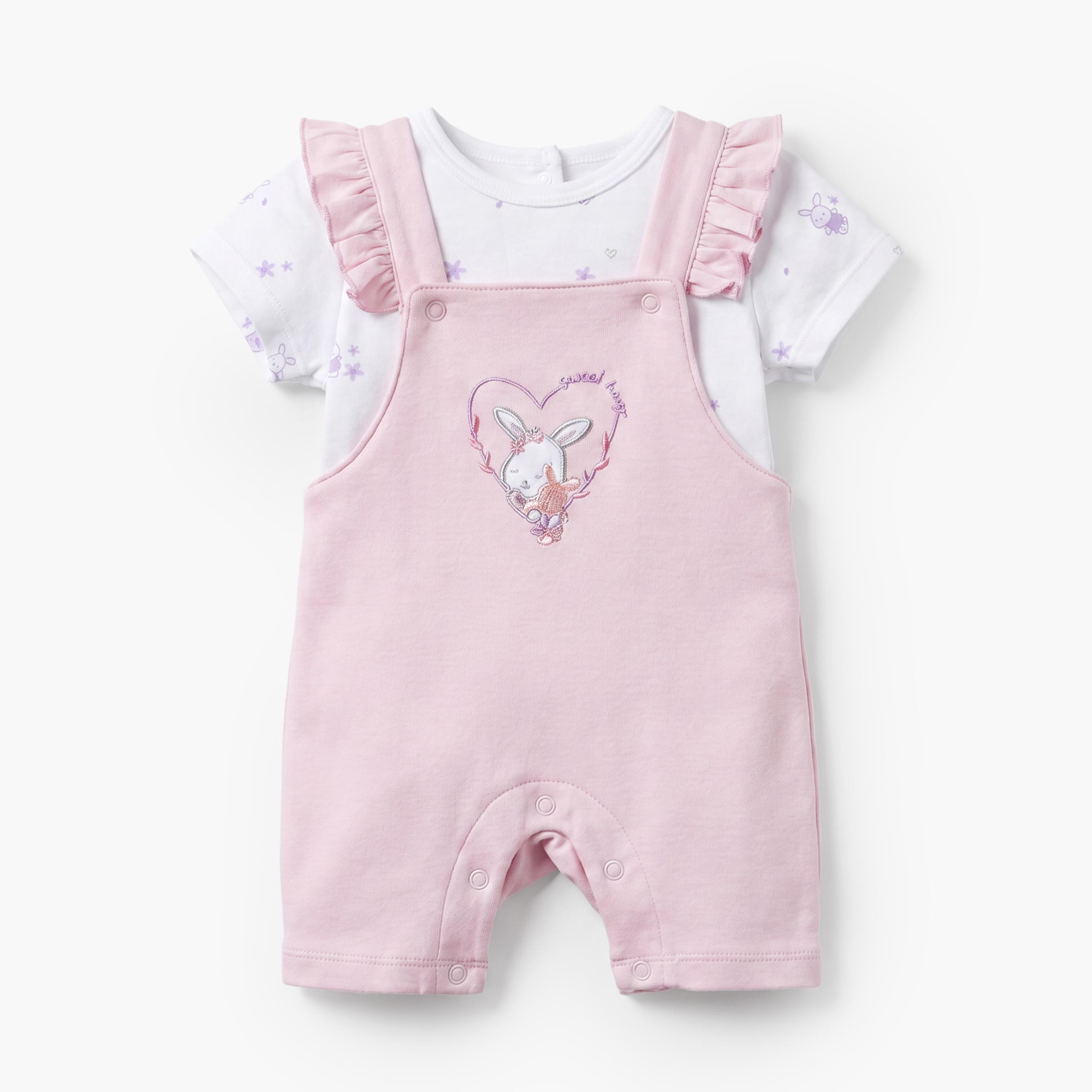 Juniors Round Neck Short Sleeves T-shirt and Dungaree Set with Bunny Print-baby-girls-clothing-setsandcoords-image-2
