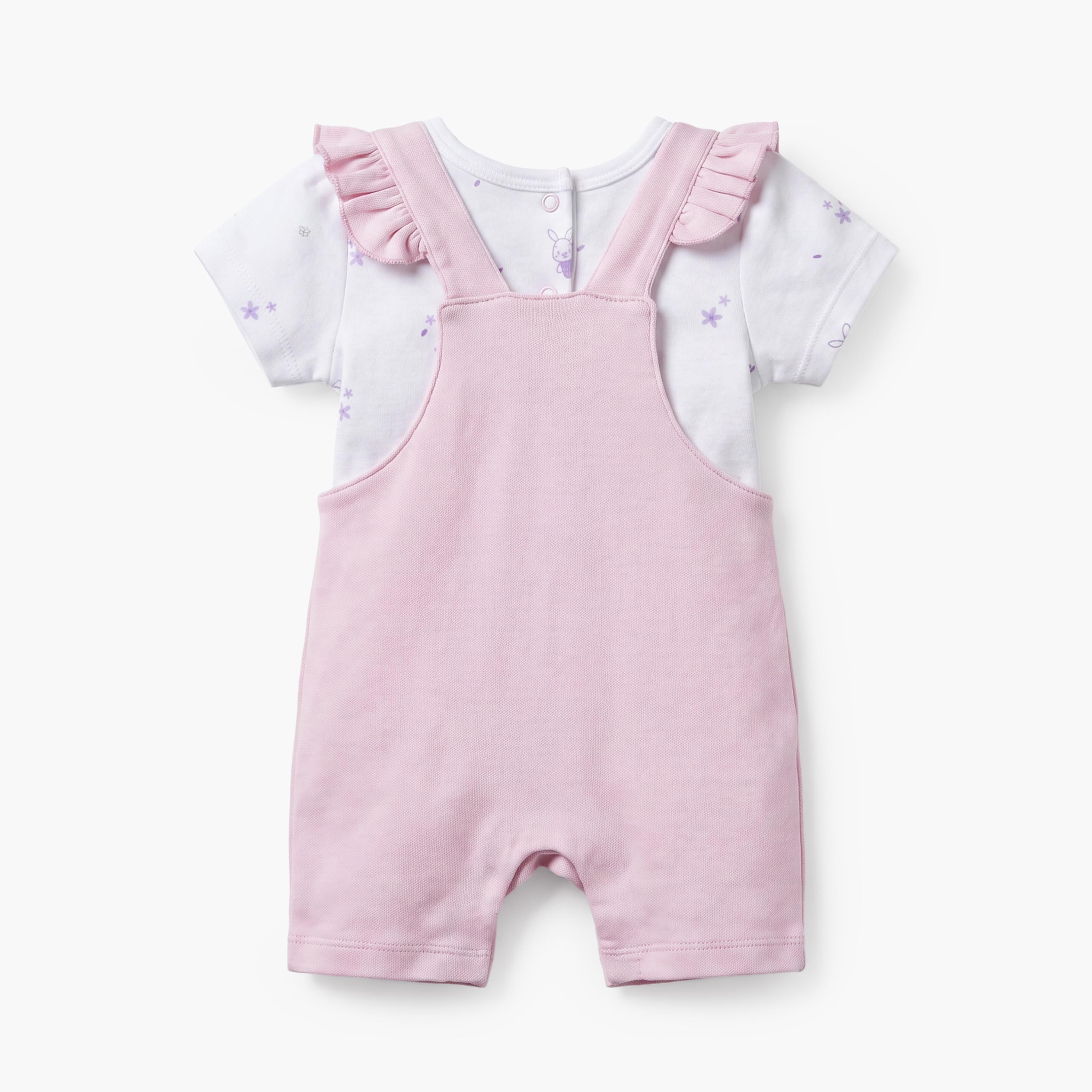 Juniors Round Neck Short Sleeves T-shirt and Dungaree Set with Bunny Print-baby-girls-clothing-setsandcoords-image-3