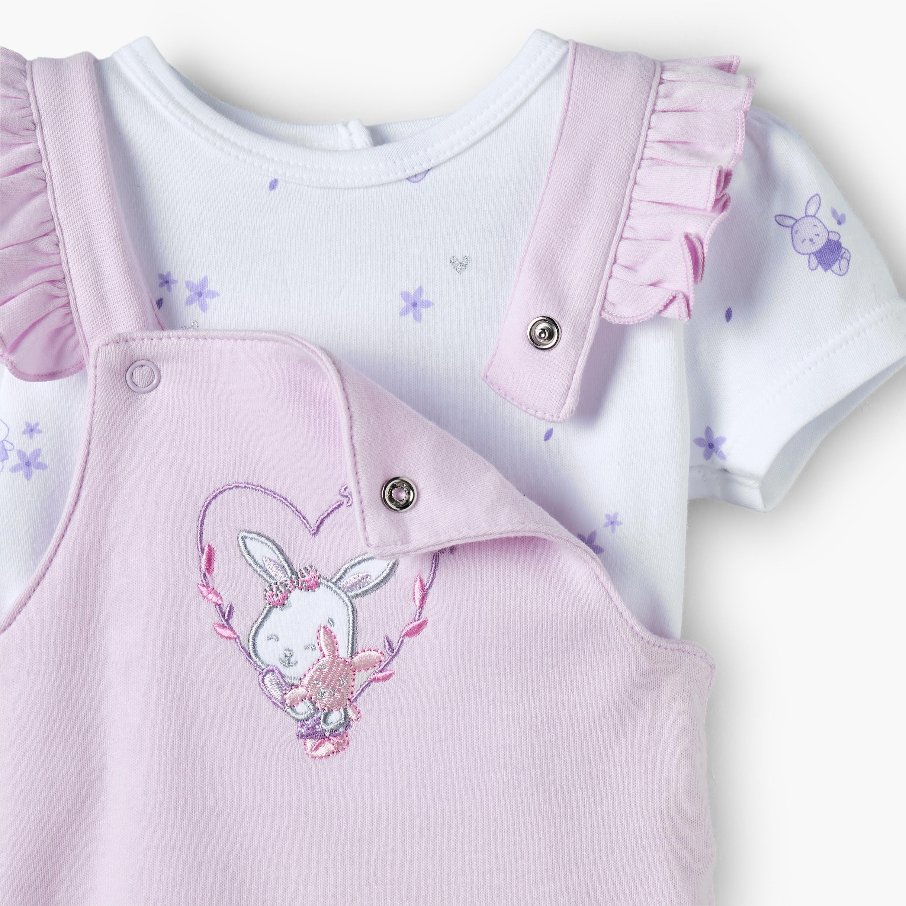 Juniors Round Neck Short Sleeves T-shirt and Dungaree Set with Bunny Print-baby-girls-clothing-setsandcoords-image-6
