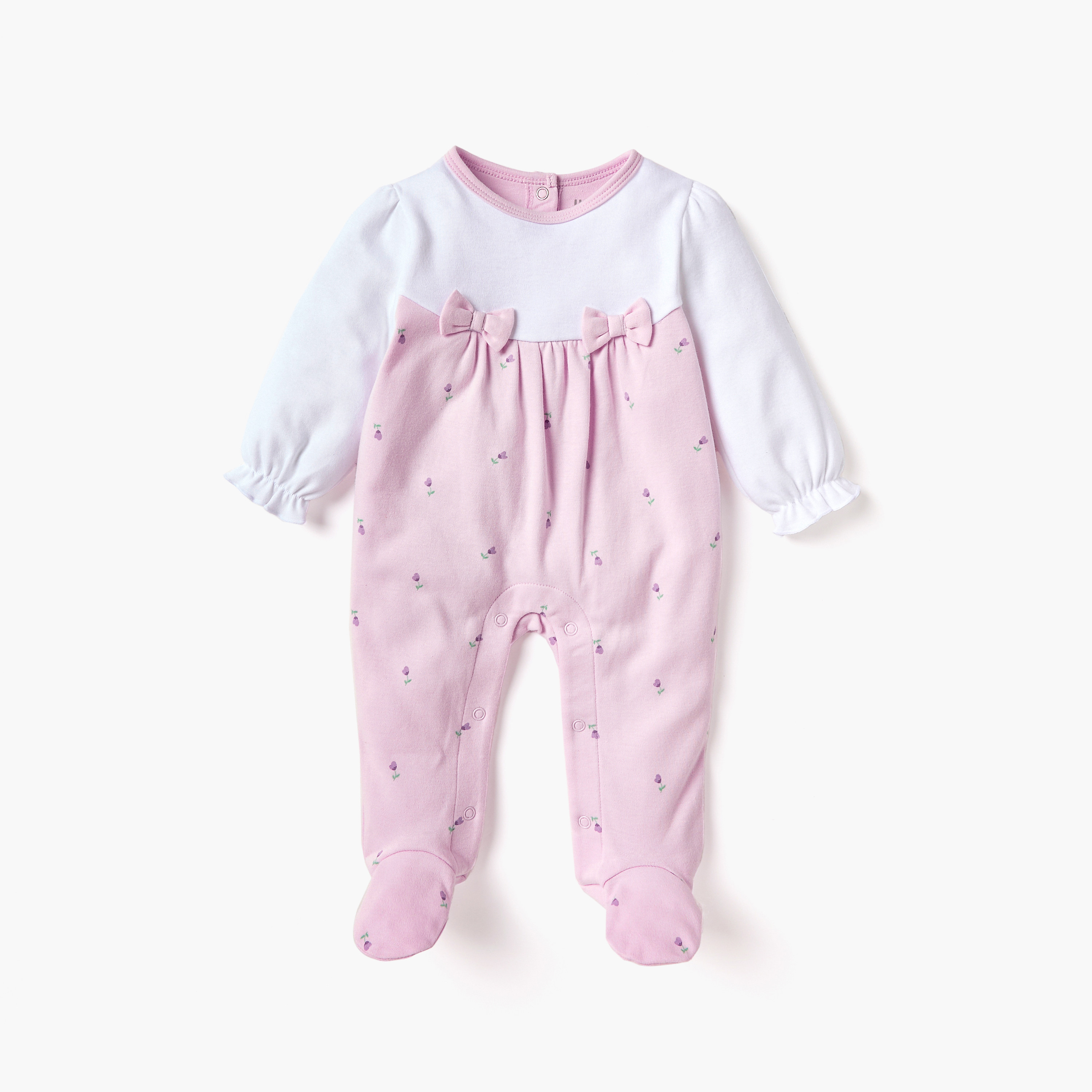 Juniors Bow Applique Closed Feet Sleepsuit with Long Sleeves-baby-girls-clothing-nightwear-sleepsuits-image-1