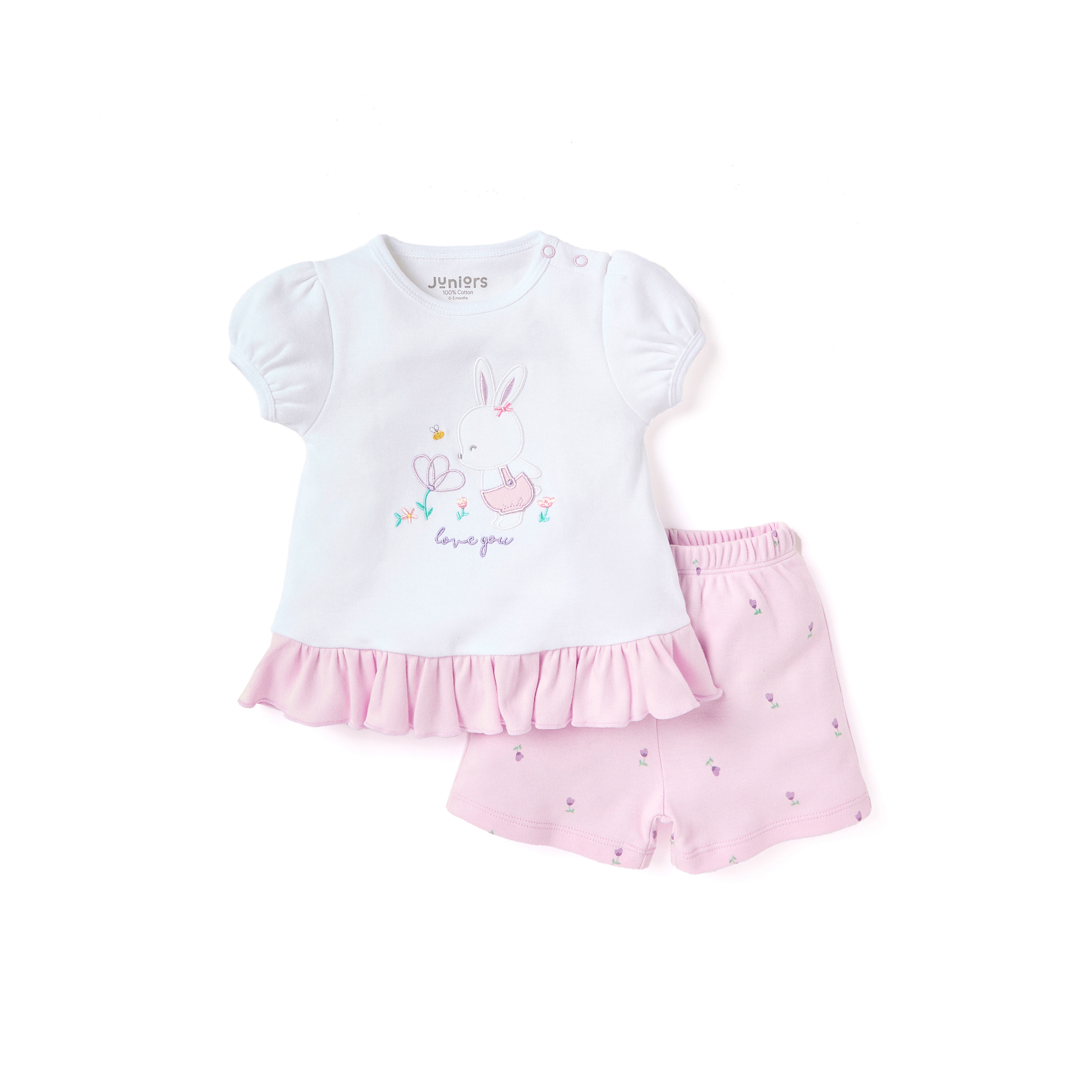 Juniors Bunny Embroidered T-shirt and Shorts Set-baby-girls-clothing-nightwear-pyjamasets-image-1