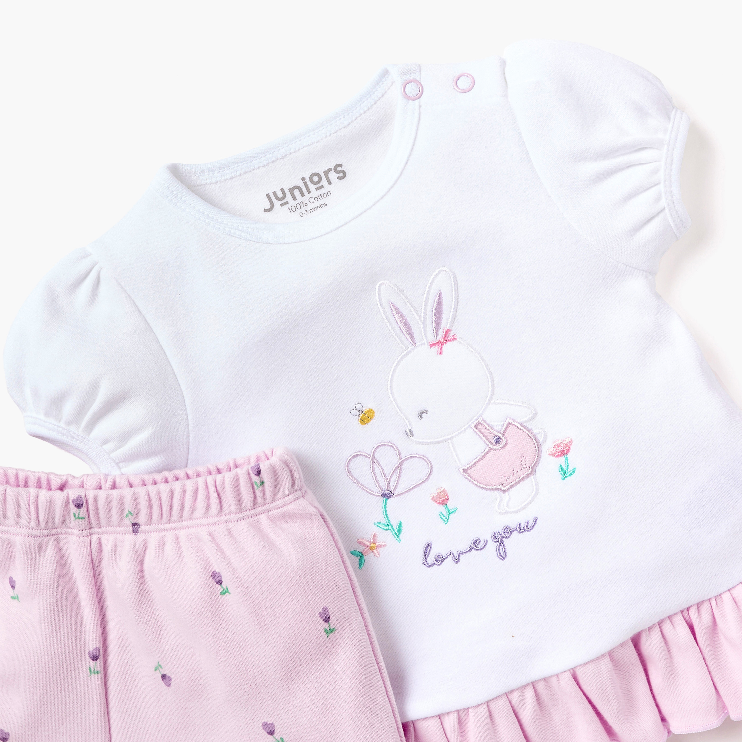 Juniors Bunny Embroidered T-shirt and Shorts Set-baby-girls-clothing-nightwear-pyjamasets-image-4