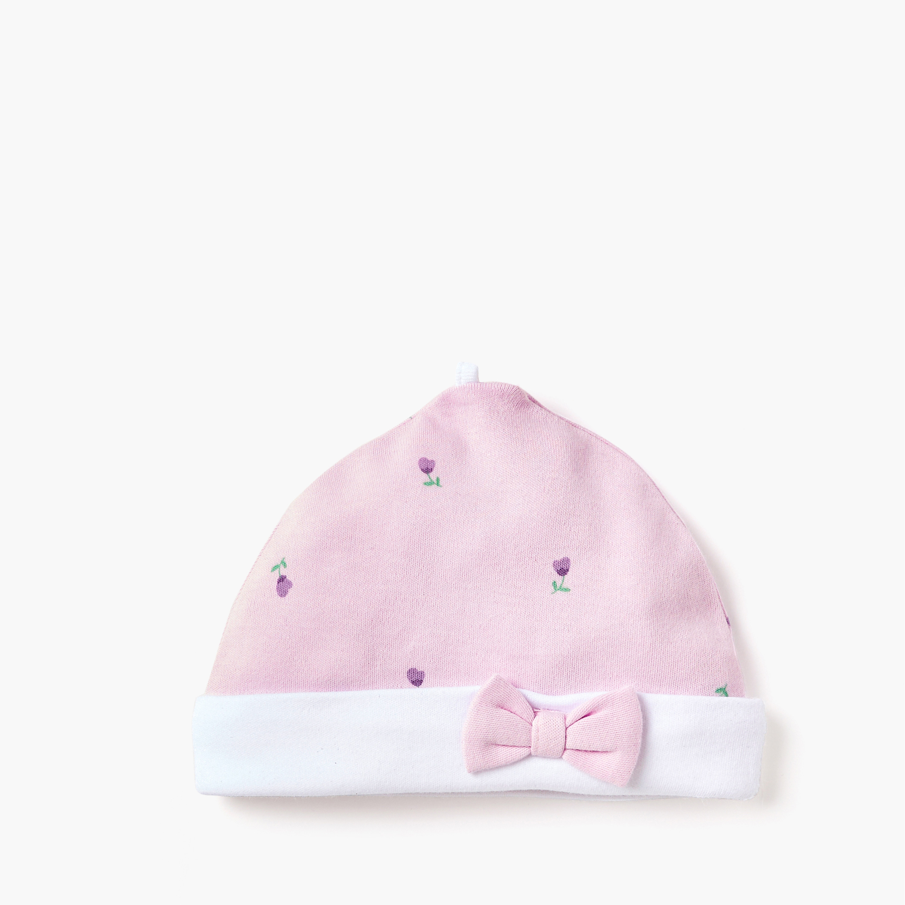 Juniors Floral Print Beanie Cap with Bow Applique-baby-girls-accessories-caps-image-1