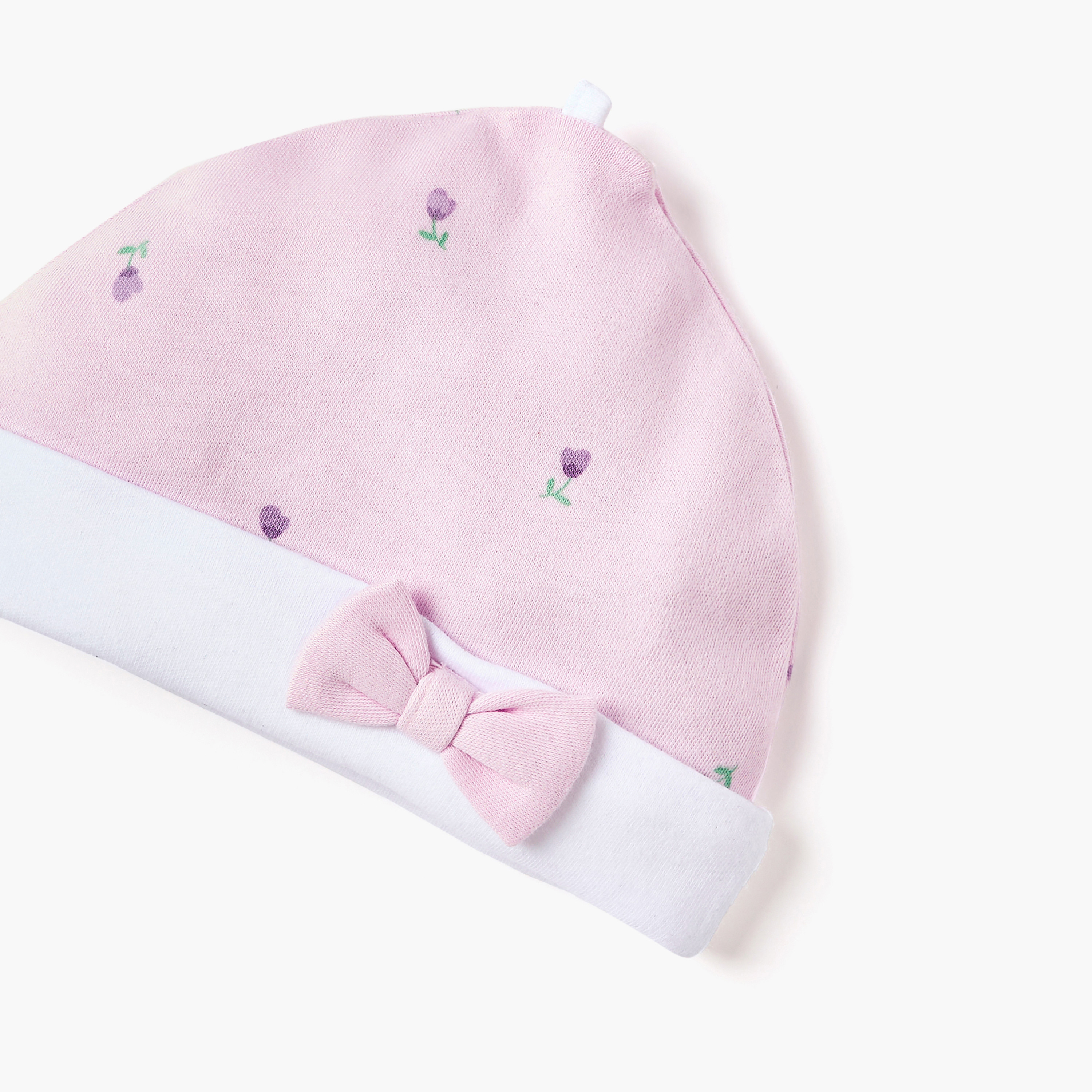 Juniors Floral Print Beanie Cap with Bow Applique-baby-girls-accessories-caps-image-2