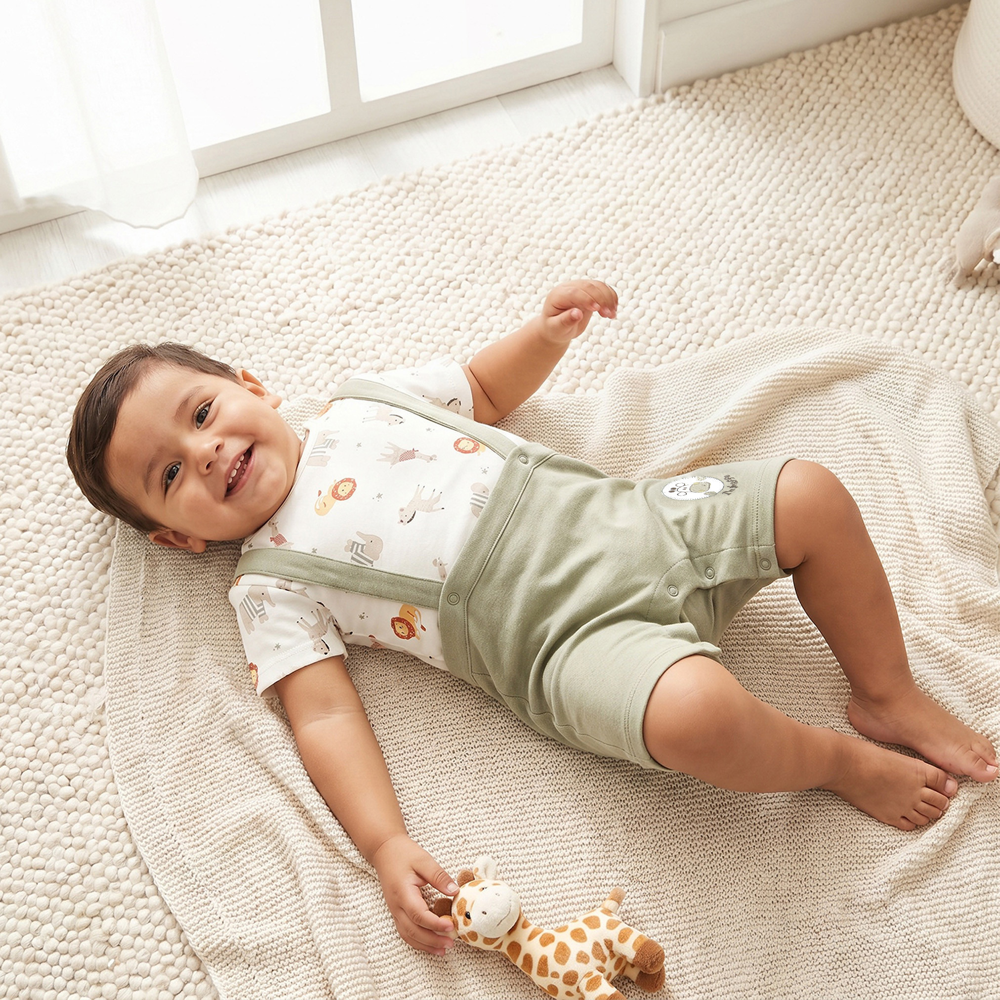 Juniors Crew Neck Short Sleeves T-shirt and Dungaree Set with Safari Print-baby-boys-clothing-setsandcoords-image-1