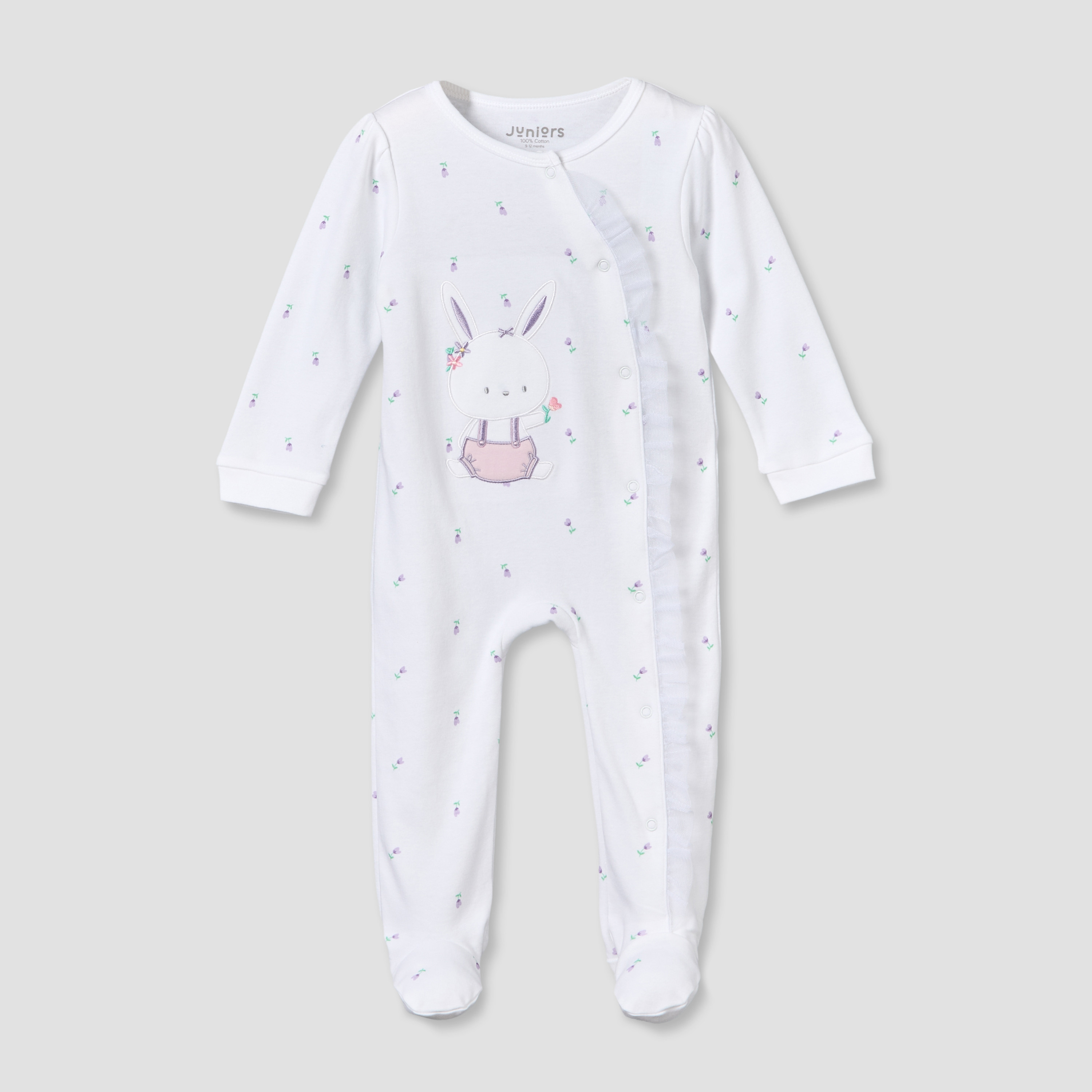 Juniors Cotton Round Neck Long Sleeves Sleepsuit with Bunny Applique-baby-girls-clothing-nightwear-sleepsuits-image-1