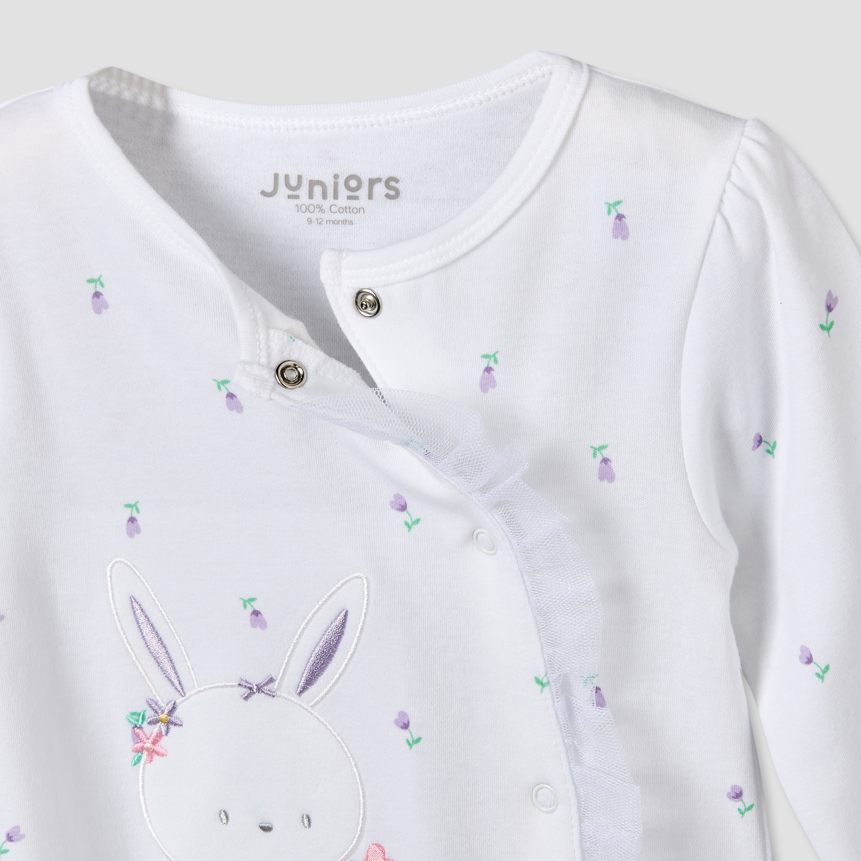 Juniors Cotton Round Neck Long Sleeves Sleepsuit with Bunny Applique-baby-girls-clothing-nightwear-sleepsuits-image-3