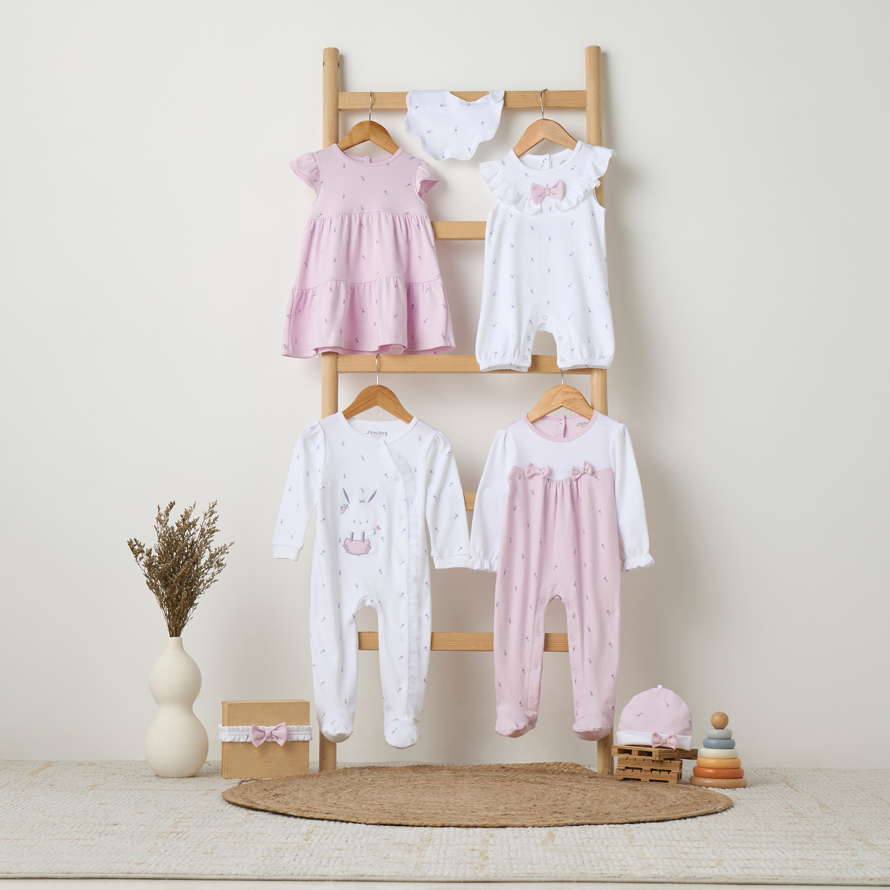 Juniors Cotton Round Neck Long Sleeves Sleepsuit with Bunny Applique-baby-girls-clothing-nightwear-sleepsuits-image-5
