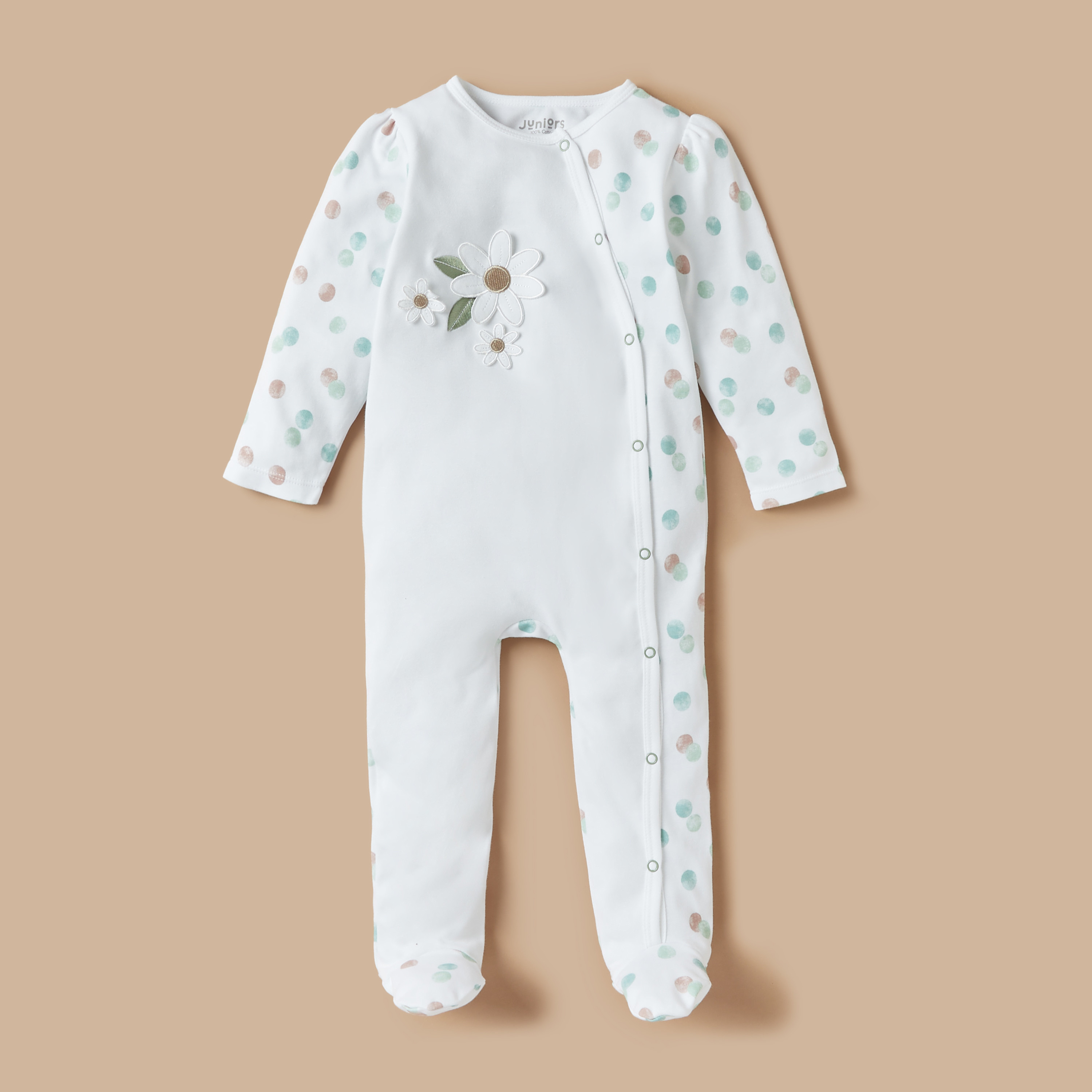 بدلة نوم مغلقة القدمين بأزرار إغلاق وزخارف زهور من جونيورز-baby-girls-clothing-nightwear-sleepsuits-image-1