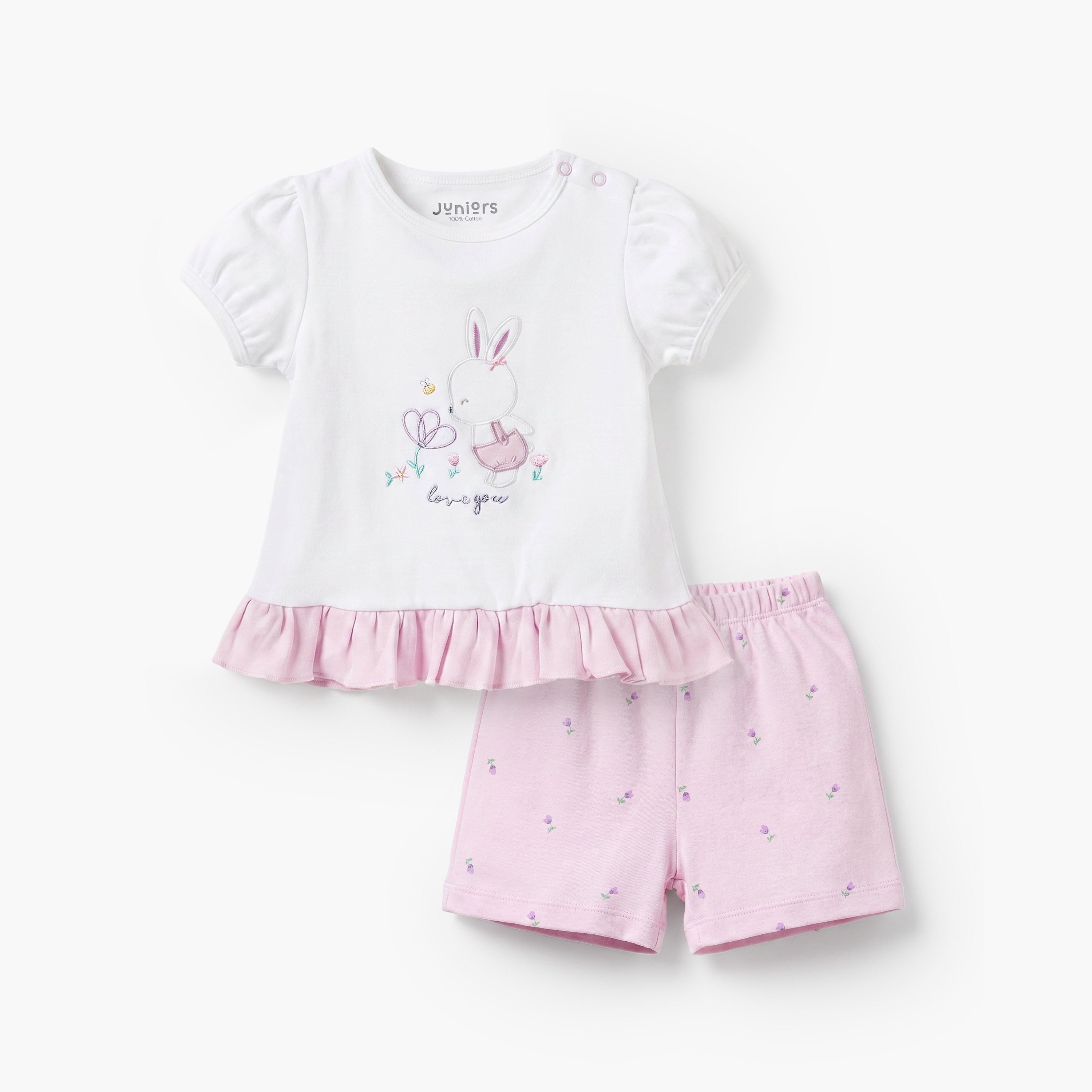 Juniors Cotton Crew Neck Short Sleeves Shorts Set with Bunny Embroidery-baby-girls-clothing-nightwear-pyjamasets-image-1