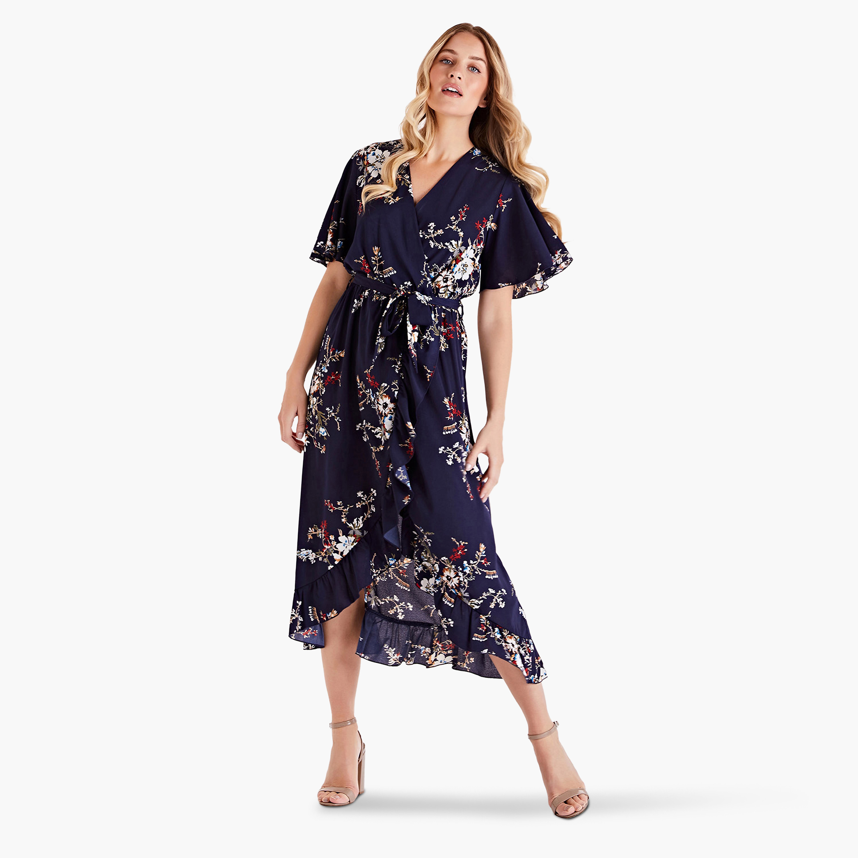 فستان نسائي متوسط الطول باللون الأزرق الداكن مزين بنقشة الزهور من ميلا لندن-women-clothing-dresses-image-1