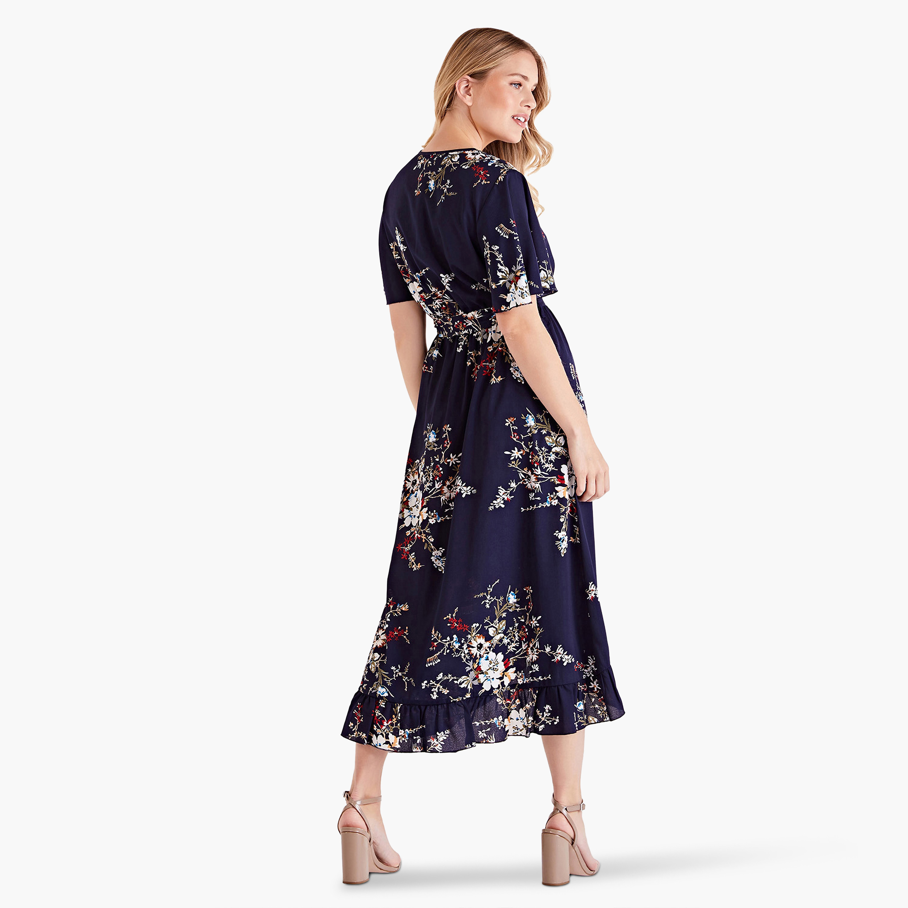 فستان نسائي متوسط الطول باللون الأزرق الداكن مزين بنقشة الزهور من ميلا لندن-women-clothing-dresses-image-2