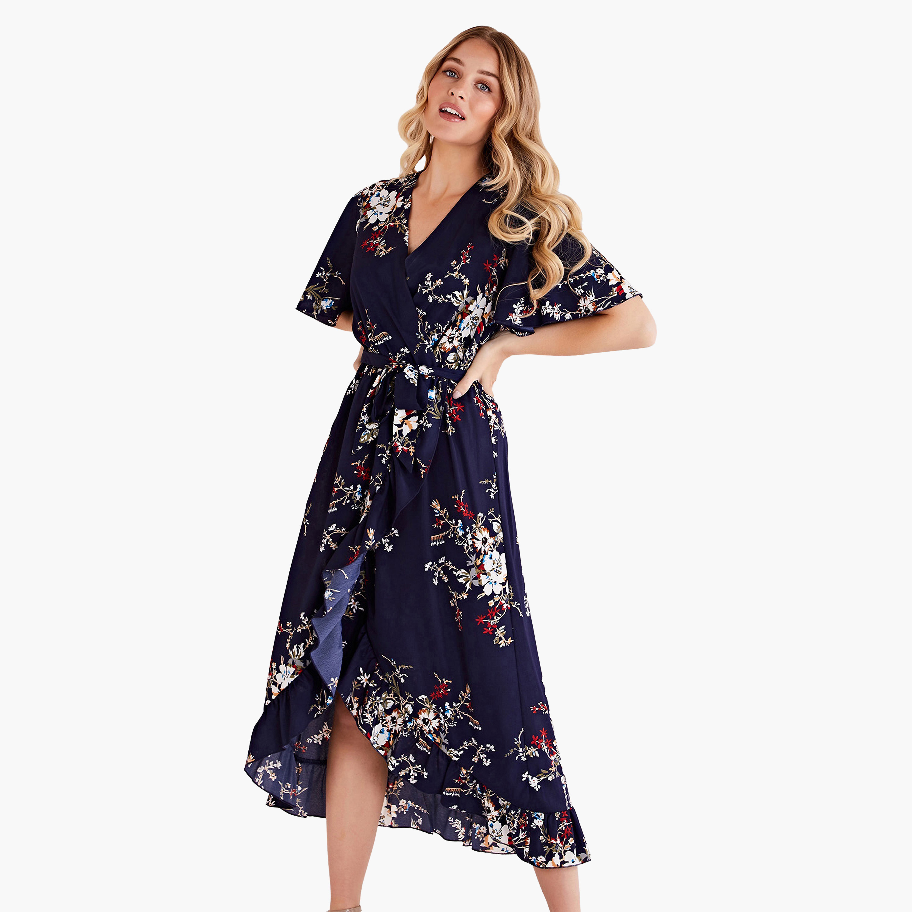 Mela London Navy Floral Dipped Hem Wrap Women's Midi Dress-women-clothing-dresses-image-3
