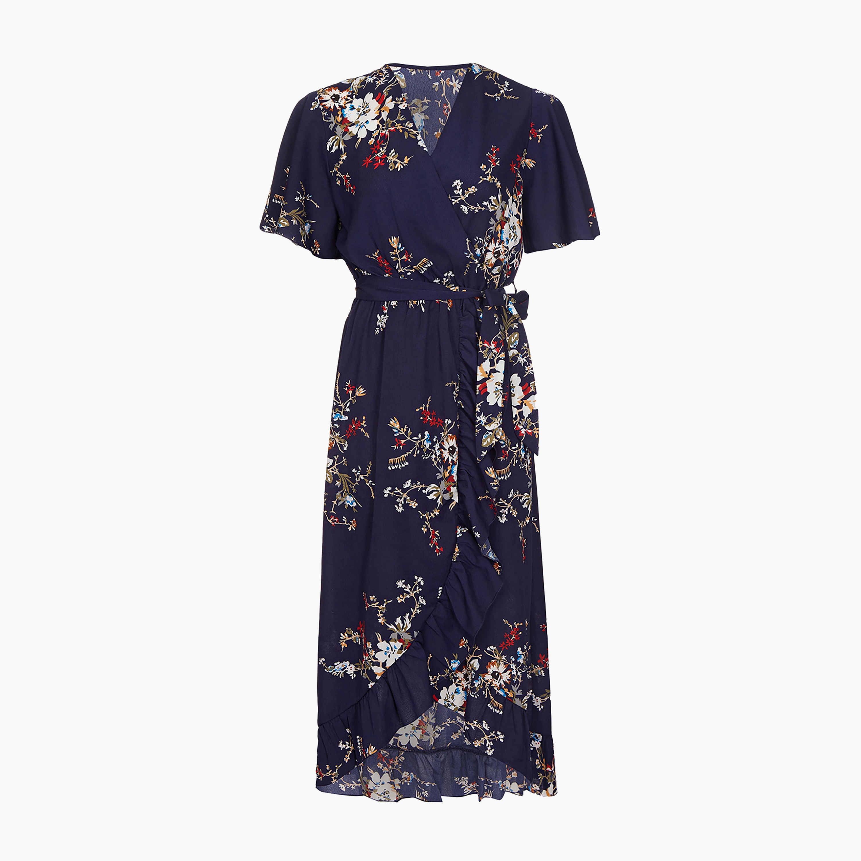 Mela London Navy Floral Dipped Hem Wrap Women's Midi Dress-women-clothing-dresses-image-4
