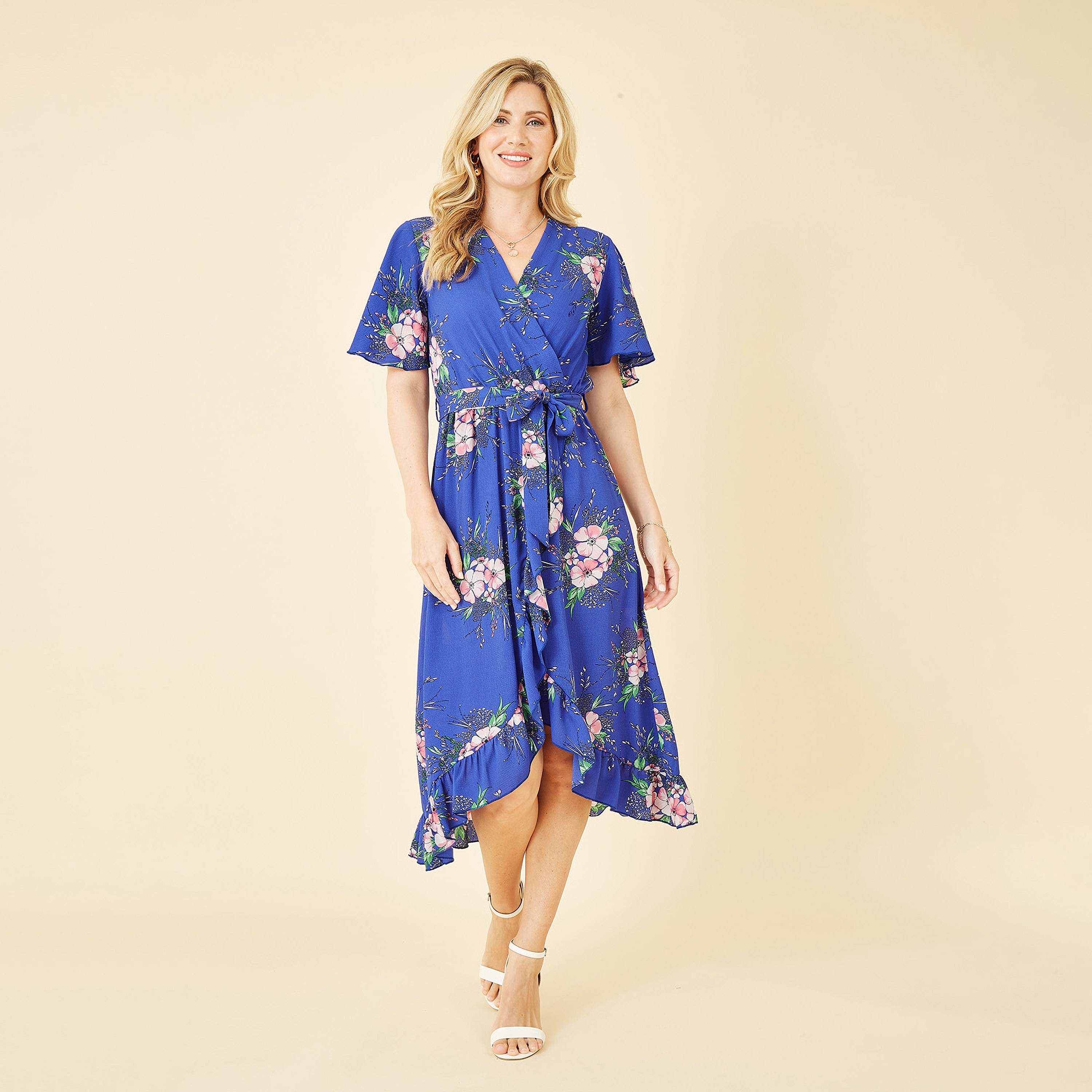 فستان نسائي متوسط الطول بنقشة الزهور وحواف متداخلة من ميلا لندن-women-clothing-dresses-image-5