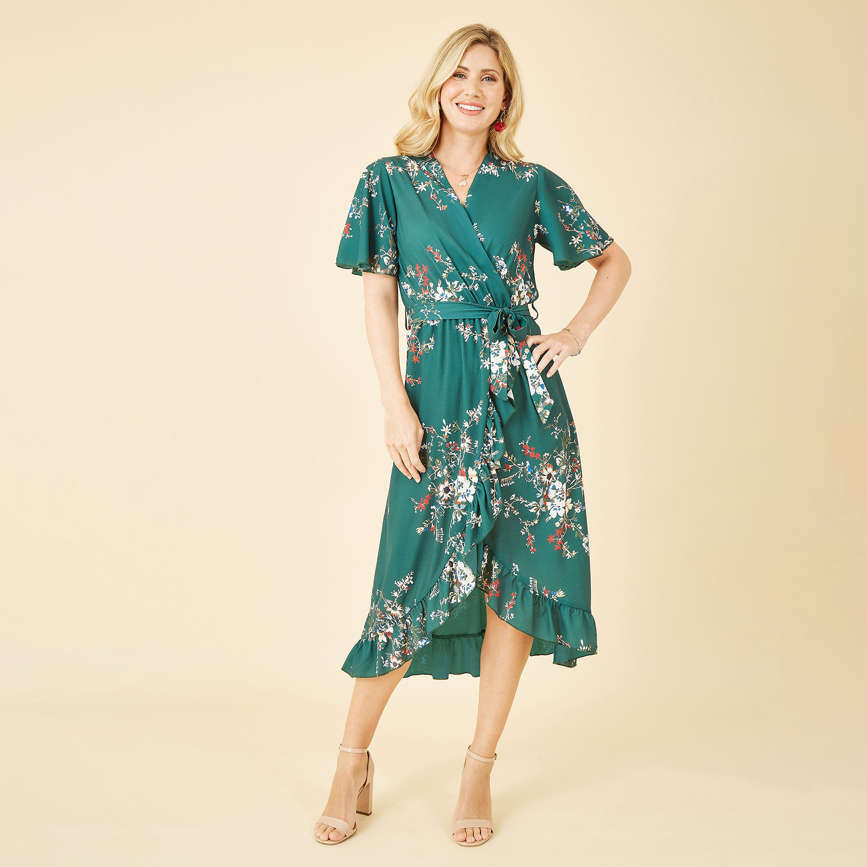 فستان نسائي متوسط الطول بنقشة الزهور وحواف متداخلة من ميلا لندن-women-clothing-dresses-image-1