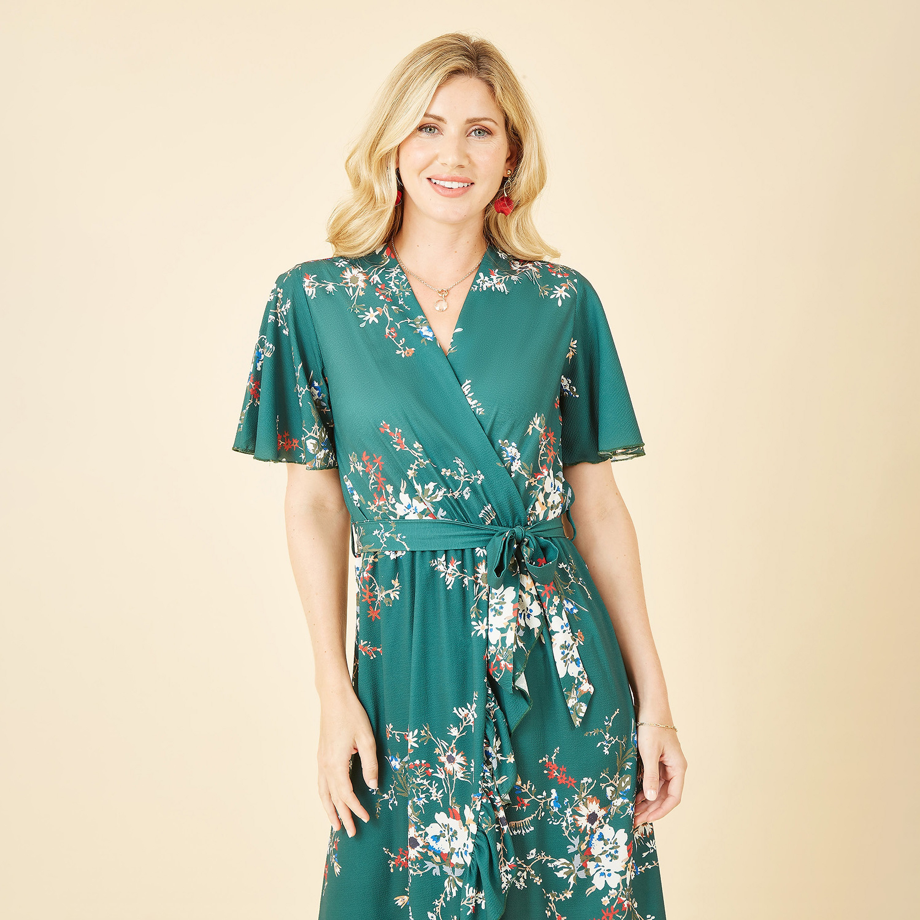فستان نسائي متوسط الطول بنقشة الزهور وحواف متداخلة من ميلا لندن-women-clothing-dresses-image-3
