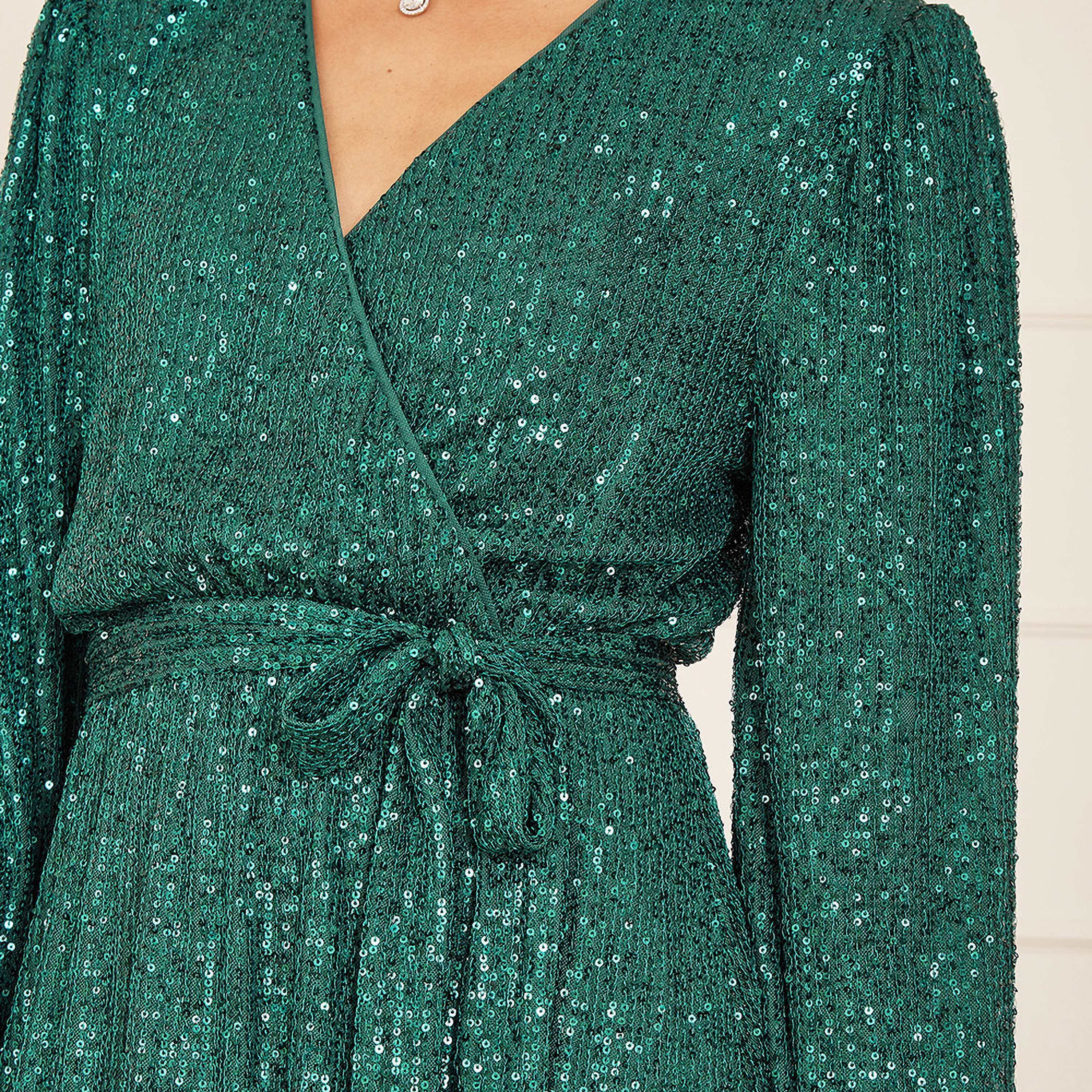 فستان سهرة قصير بأكمام طويلة وحزام باللون الأخضر للنساء من ميلا لندن-women-clothing-dresses-image-3