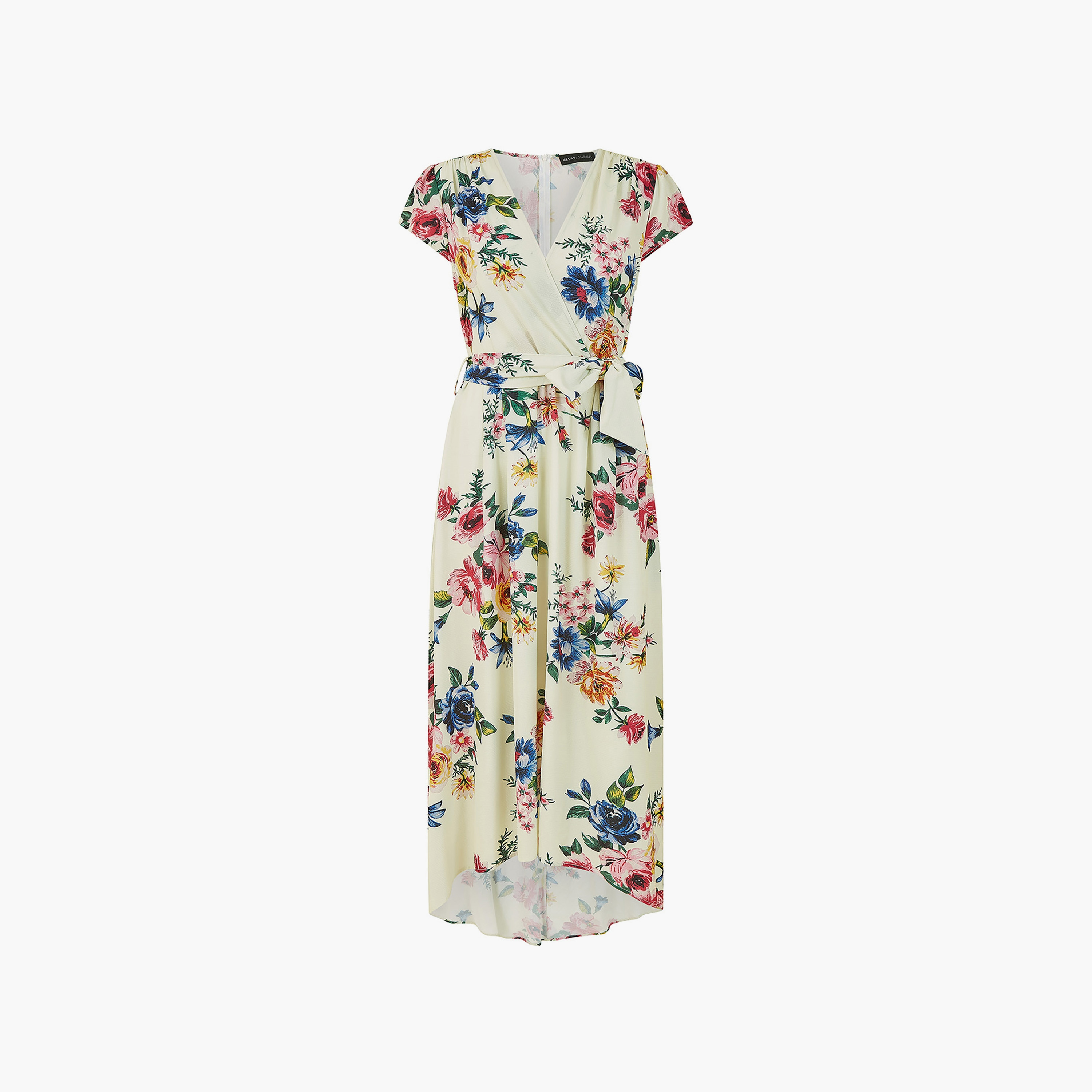 فستان نسائي متوسط الطول بلون العاج مع حافة ملفوفة وزهور من ميلا لندن-women-clothing-dresses-image-5