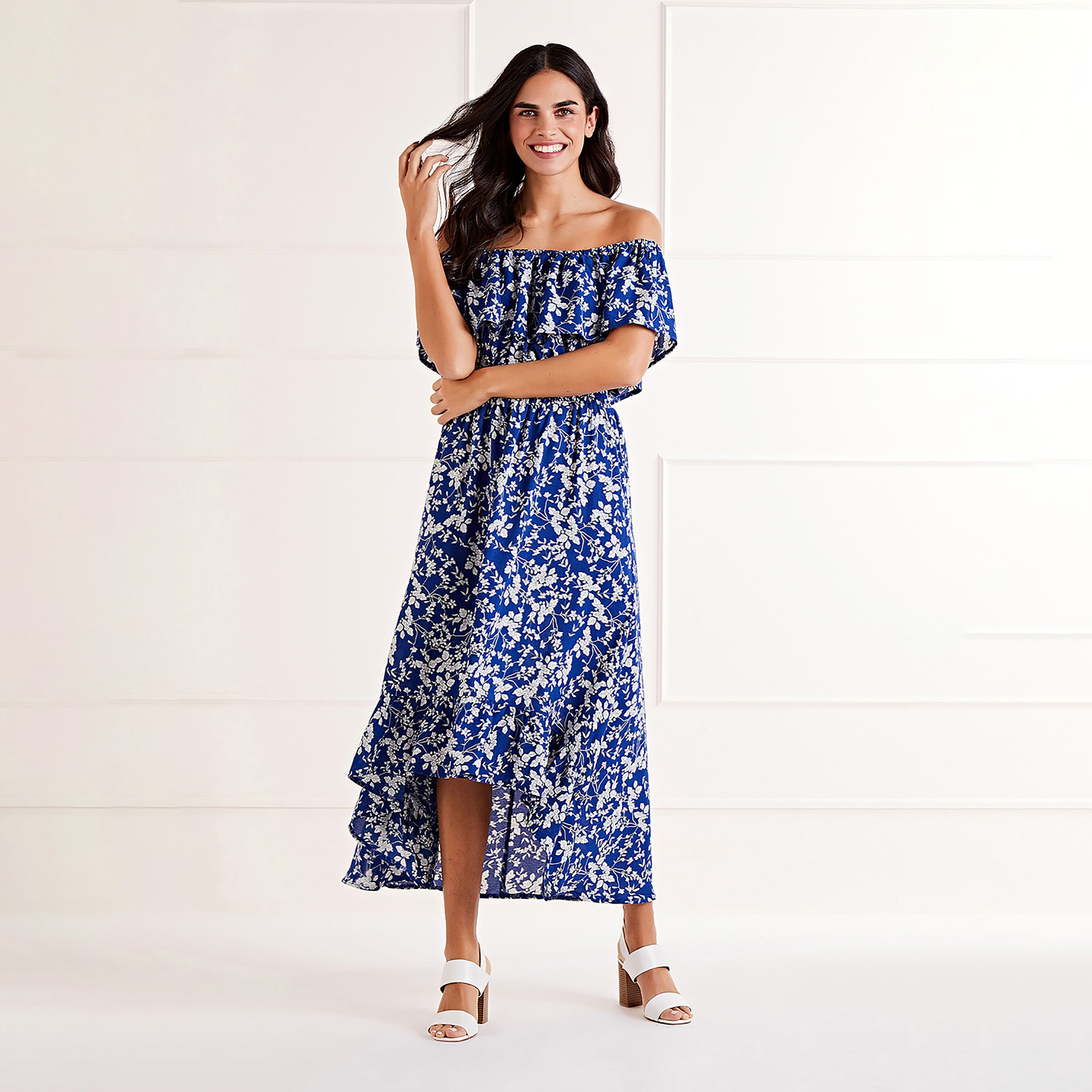 Mela London Blue Ditsy Print Bardot Dipped Hem Wrap Women's Maxi Dress-women-clothing-dresses-image-1