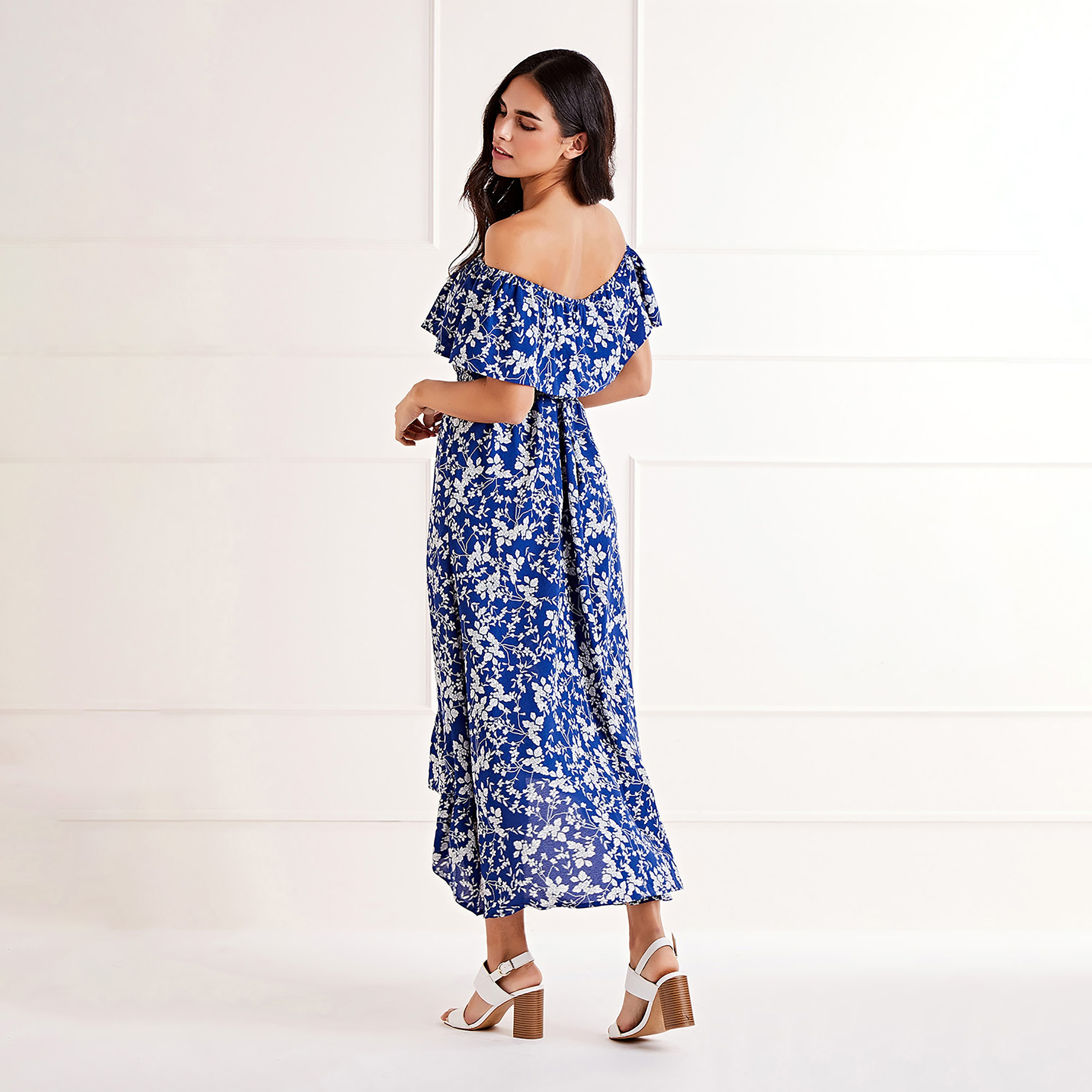 Mela London Blue Ditsy Print Bardot Dipped Hem Wrap Women's Maxi Dress-women-clothing-dresses-image-2