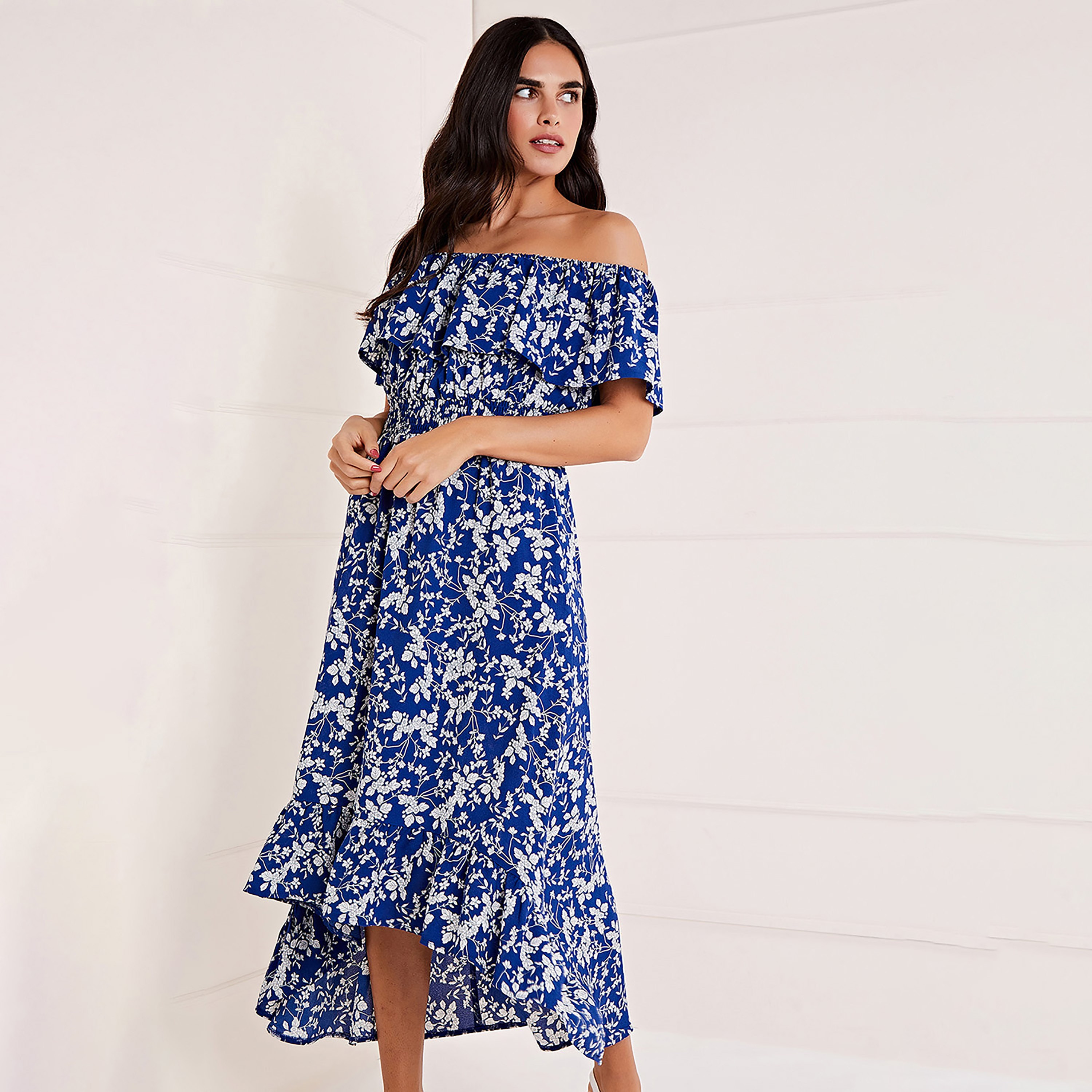 Mela London Blue Ditsy Print Bardot Dipped Hem Wrap Women's Maxi Dress-women-clothing-dresses-image-3