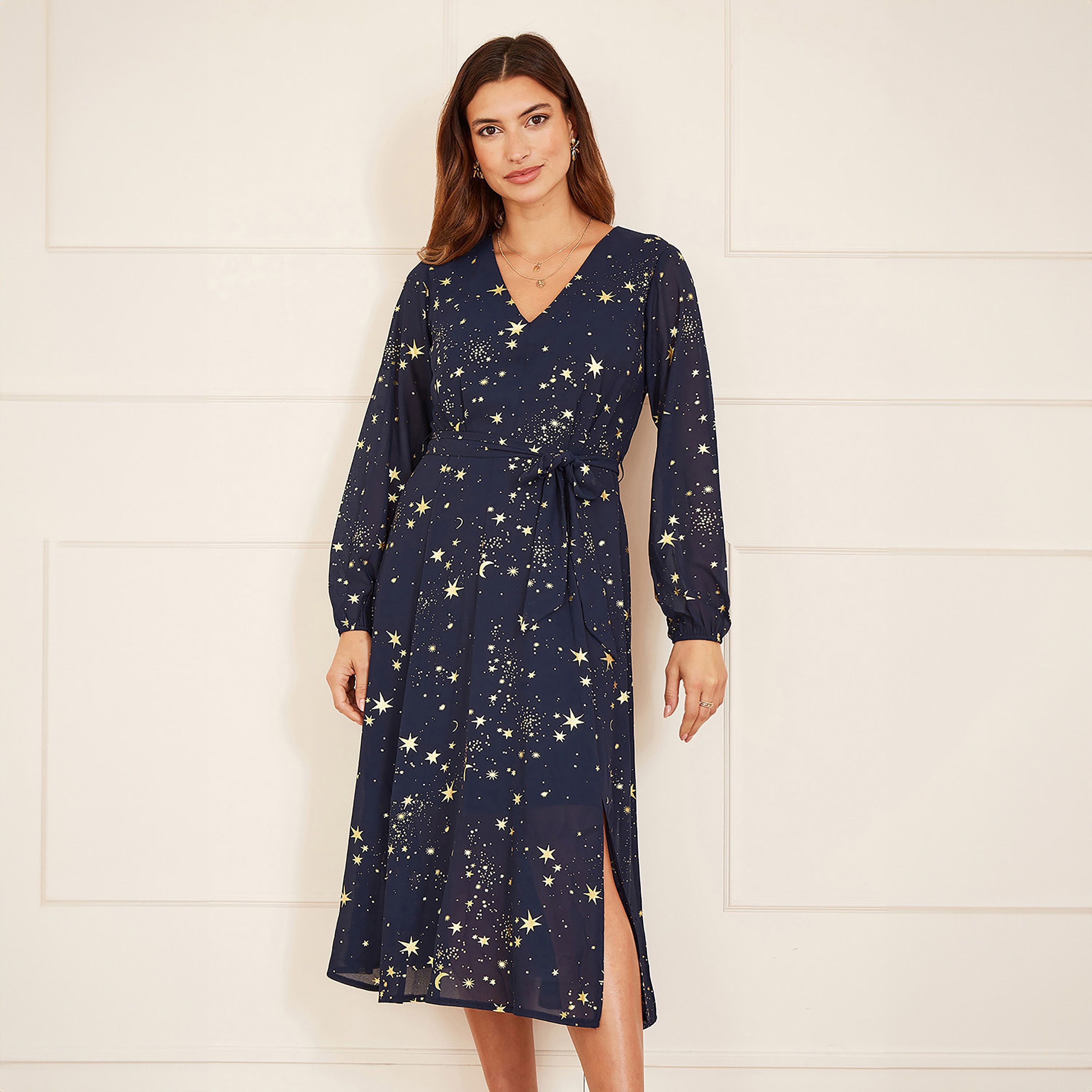 Mela London Navy Foil Star Print Long Sleeve Slit Women's Midi Dress-women-clothing-dresses-image-1