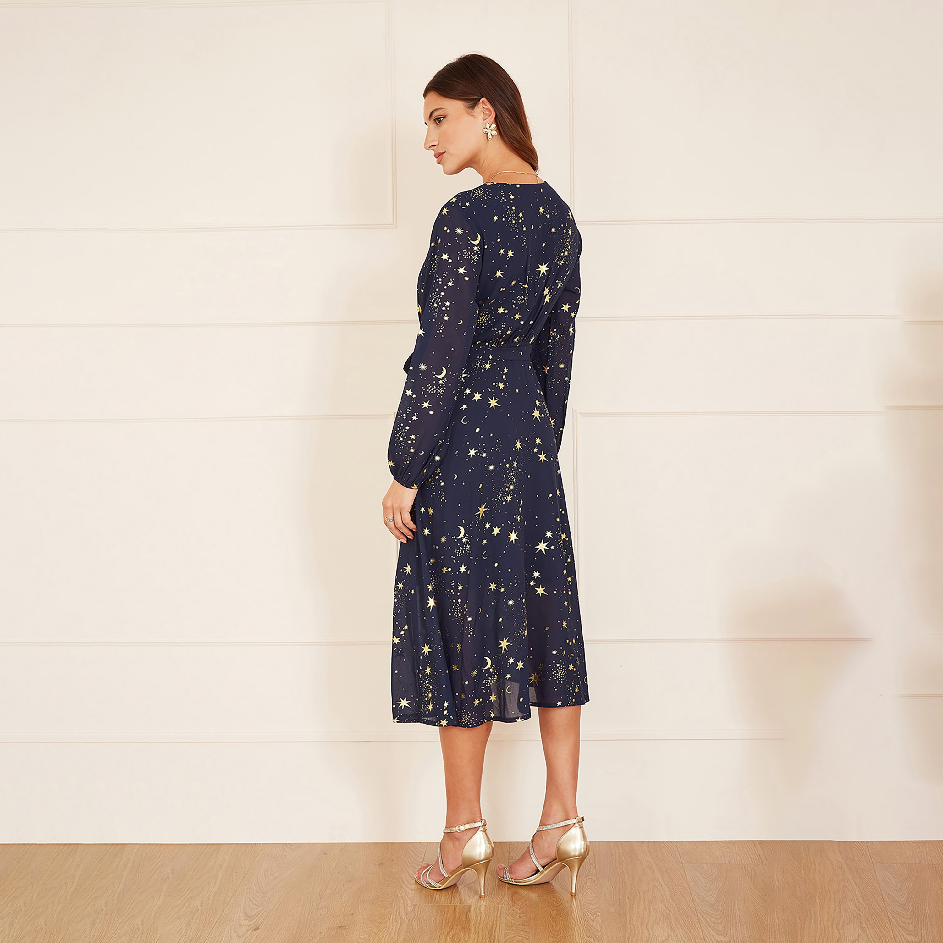 Mela London Navy Foil Star Print Long Sleeve Slit Women's Midi Dress-women-clothing-dresses-image-2