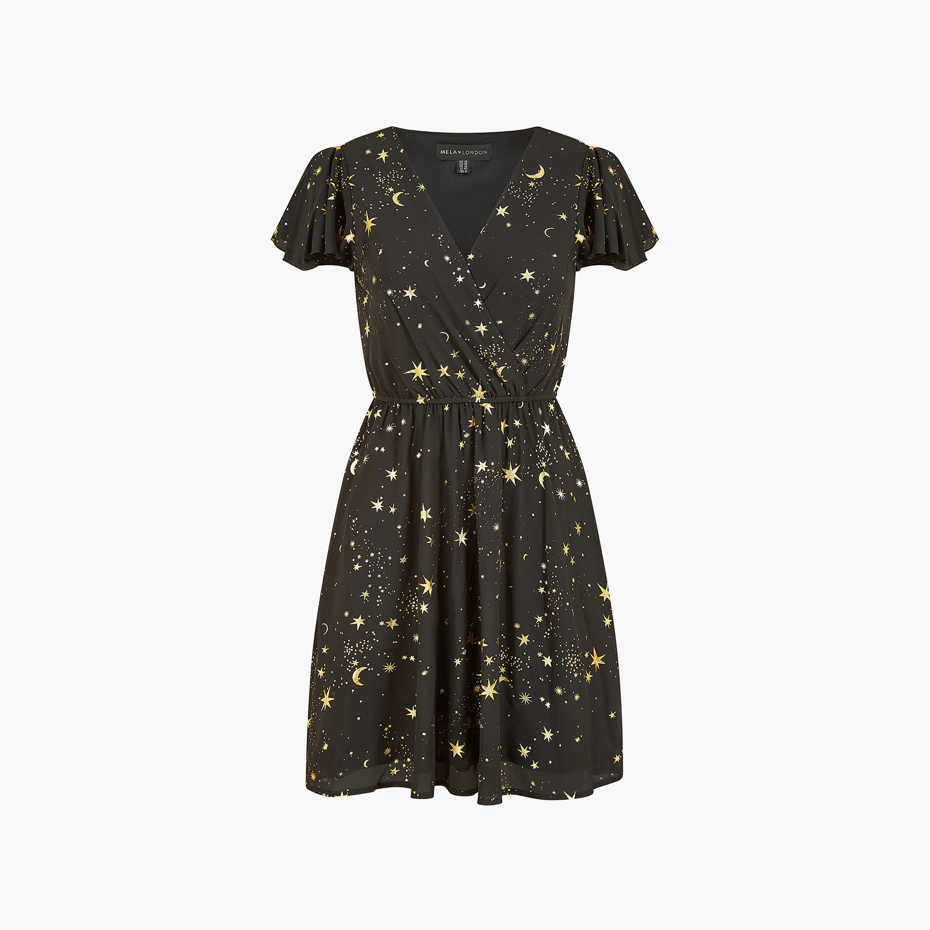 فستان نسائي قصير بتصميم ملفوف بطبعة نجوم معدنية من ميلا لندن-women-clothing-dresses-image-10