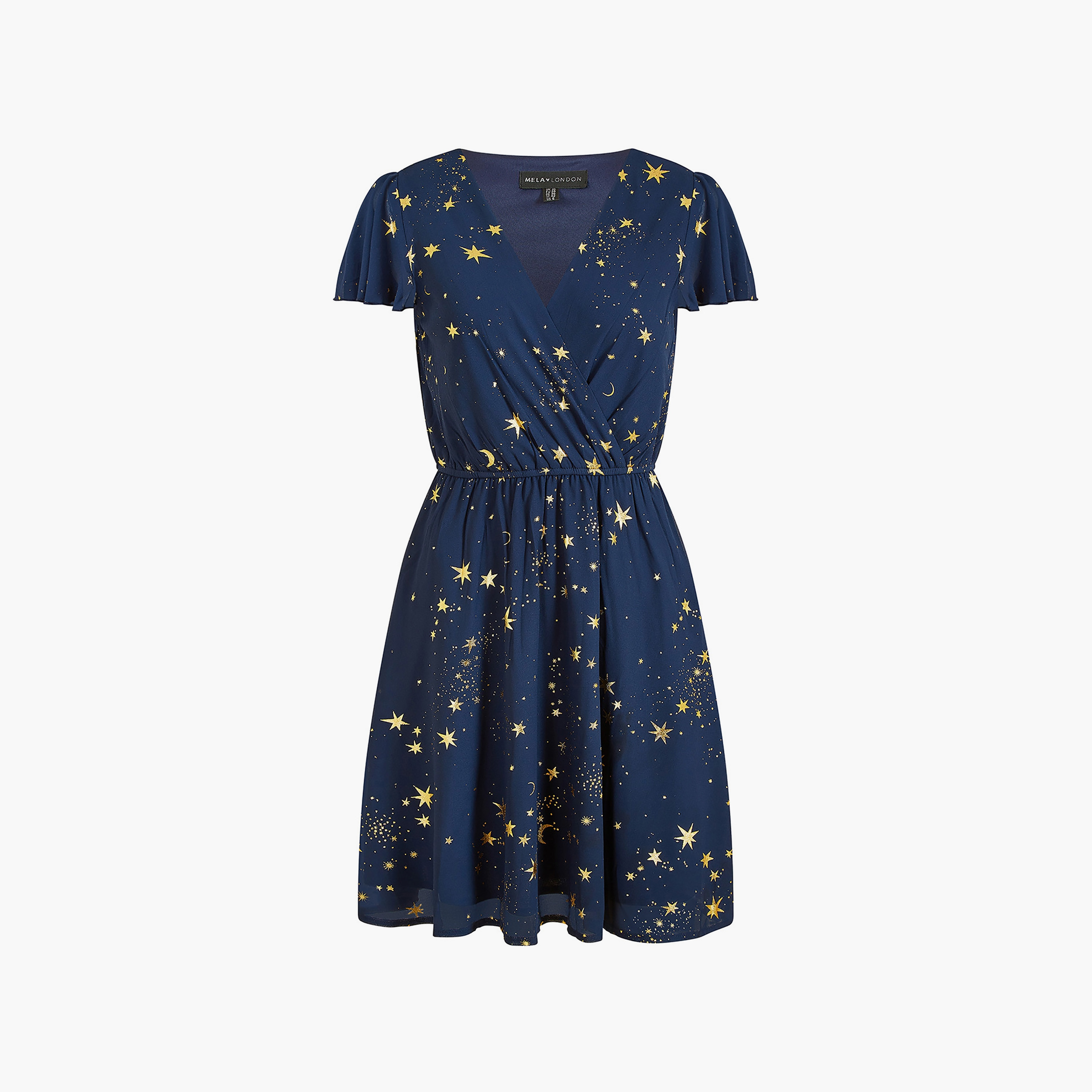 فستان نسائي قصير بتصميم ملفوف بطبعة نجوم معدنية من ميلا لندن-women-clothing-dresses-image-5