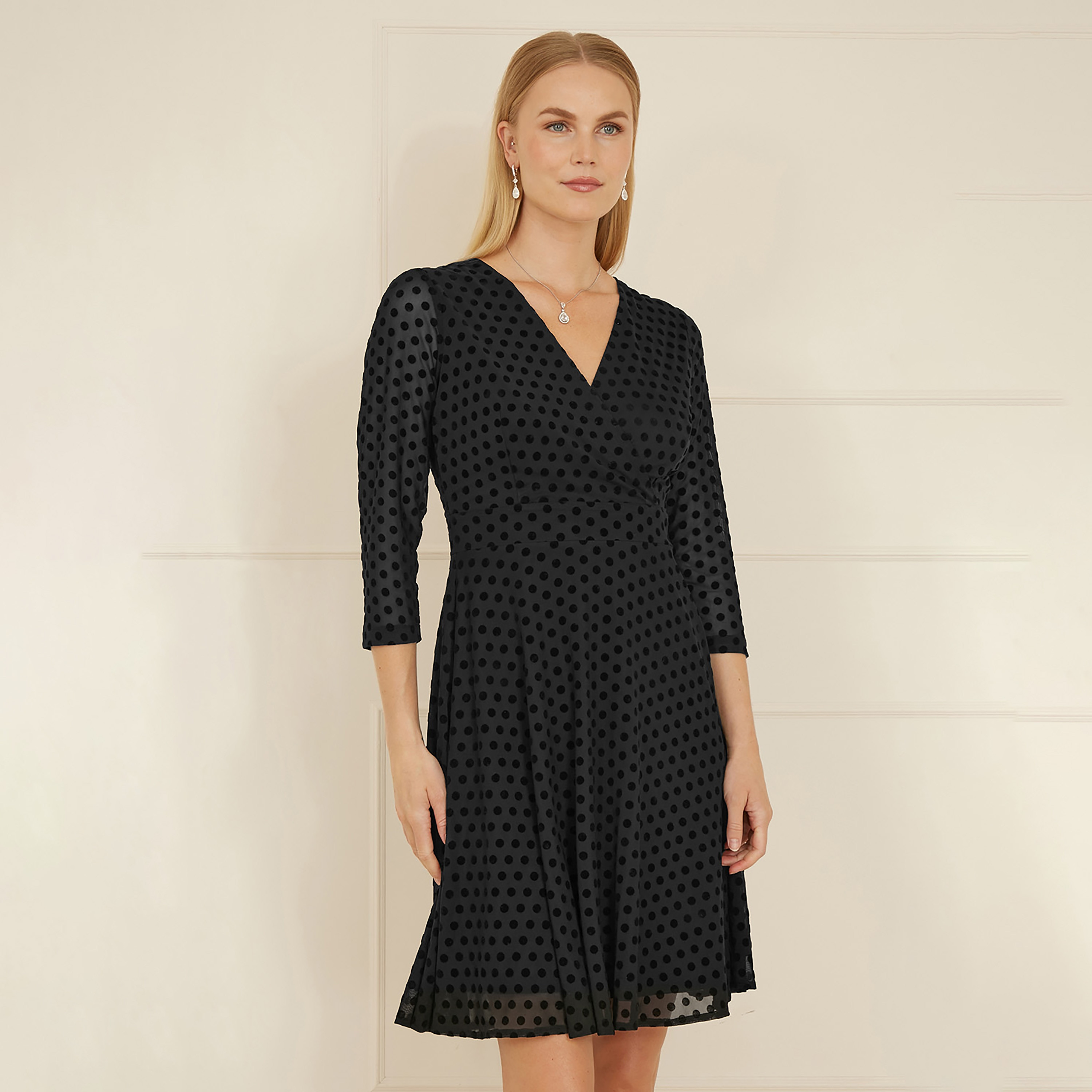 Yumi Black Velour Spot Stretch Skater Evening Women's Knee Length Dress-women-clothing-dresses-image-3