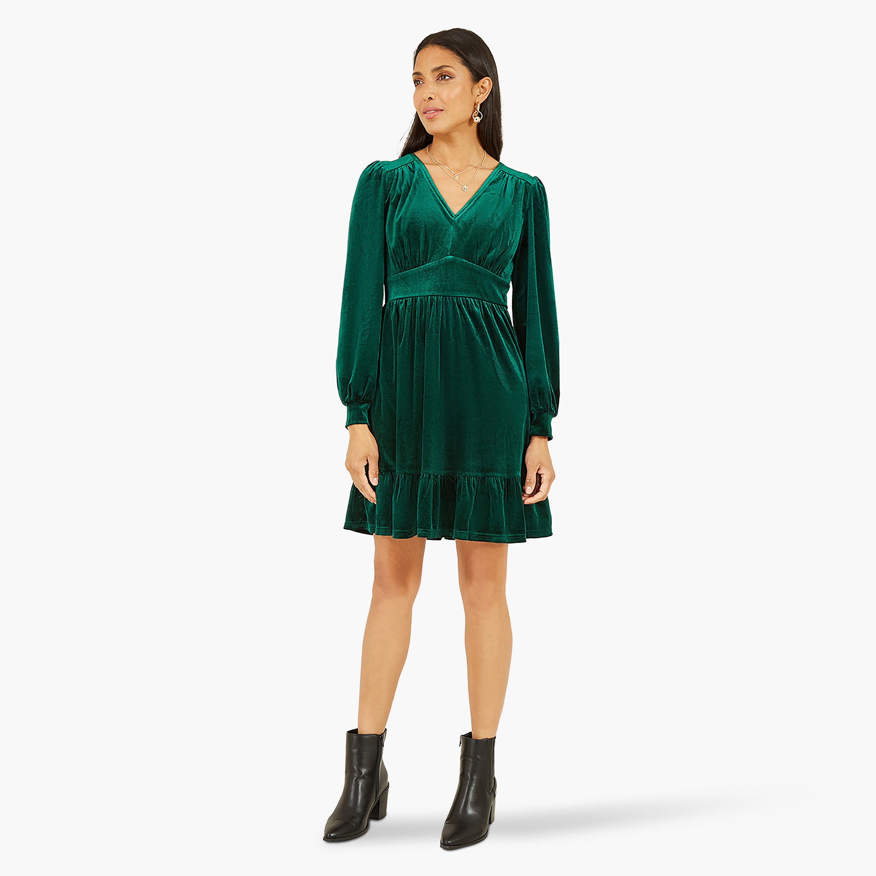 فستان نسائي قصير بأكمام طويلة من المخمل باللون الأخضر من ميلا لندن-women-clothing-dresses-image-1