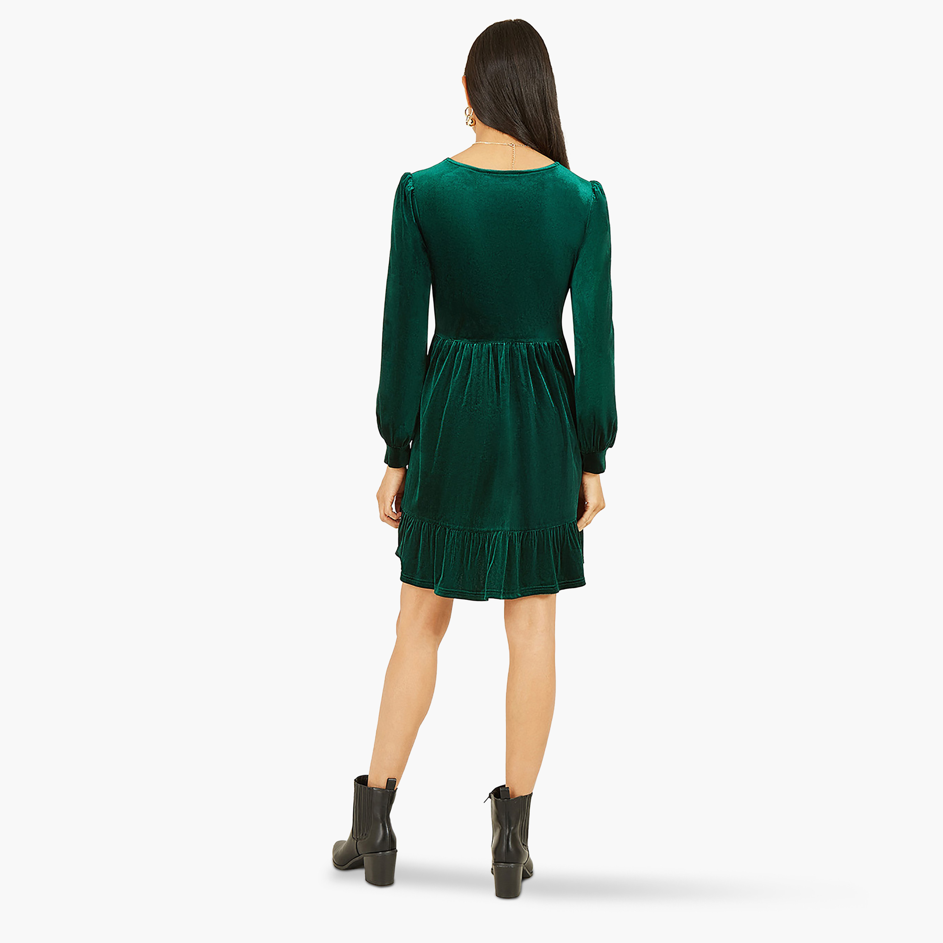 Mela London Green Velvet Long Sleeve Skater Women's Mini Dress-women-clothing-dresses-image-2