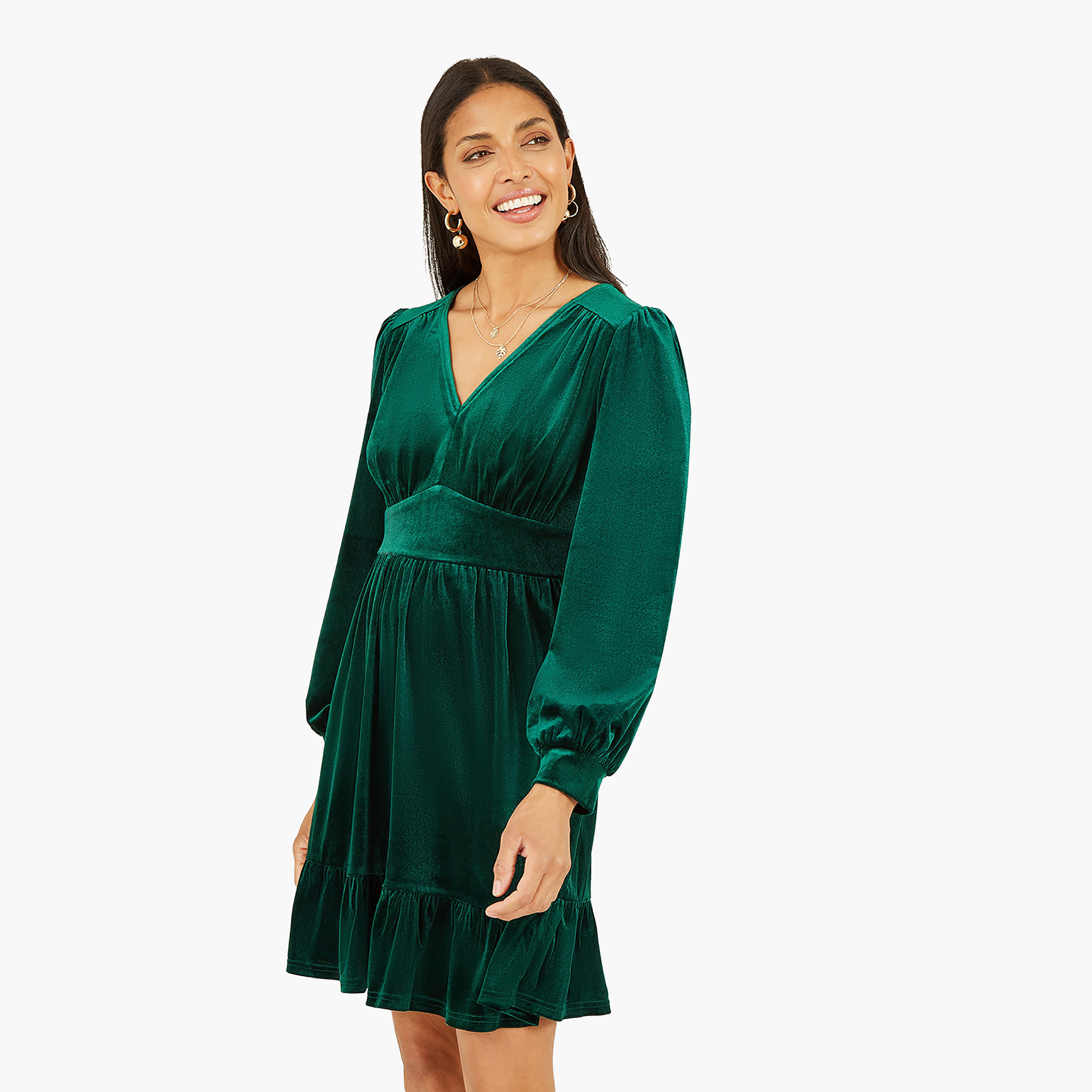 Mela London Green Velvet Long Sleeve Skater Women's Mini Dress-women-clothing-dresses-image-3