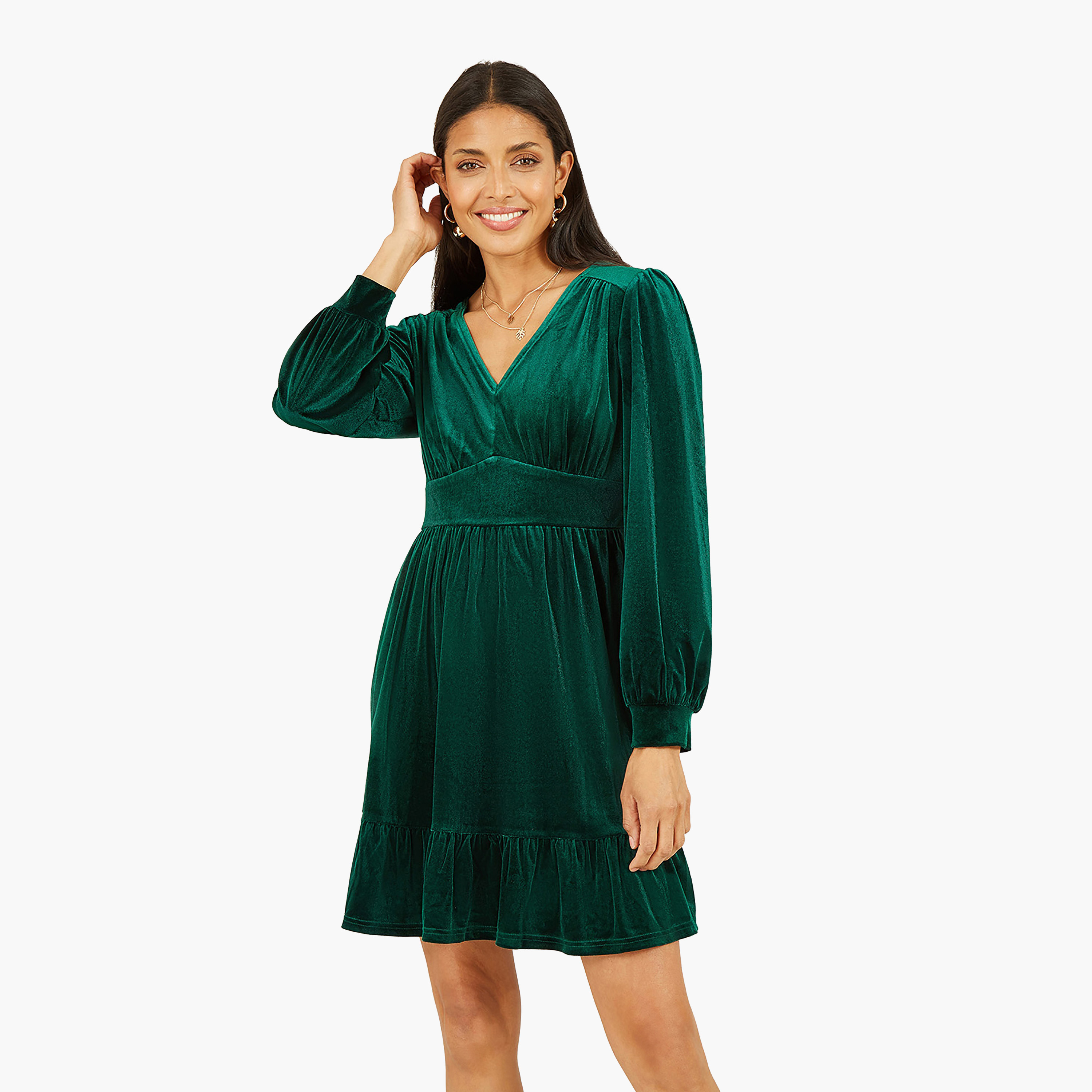 Mela London Green Velvet Long Sleeve Skater Women's Mini Dress-women-clothing-dresses-image-4