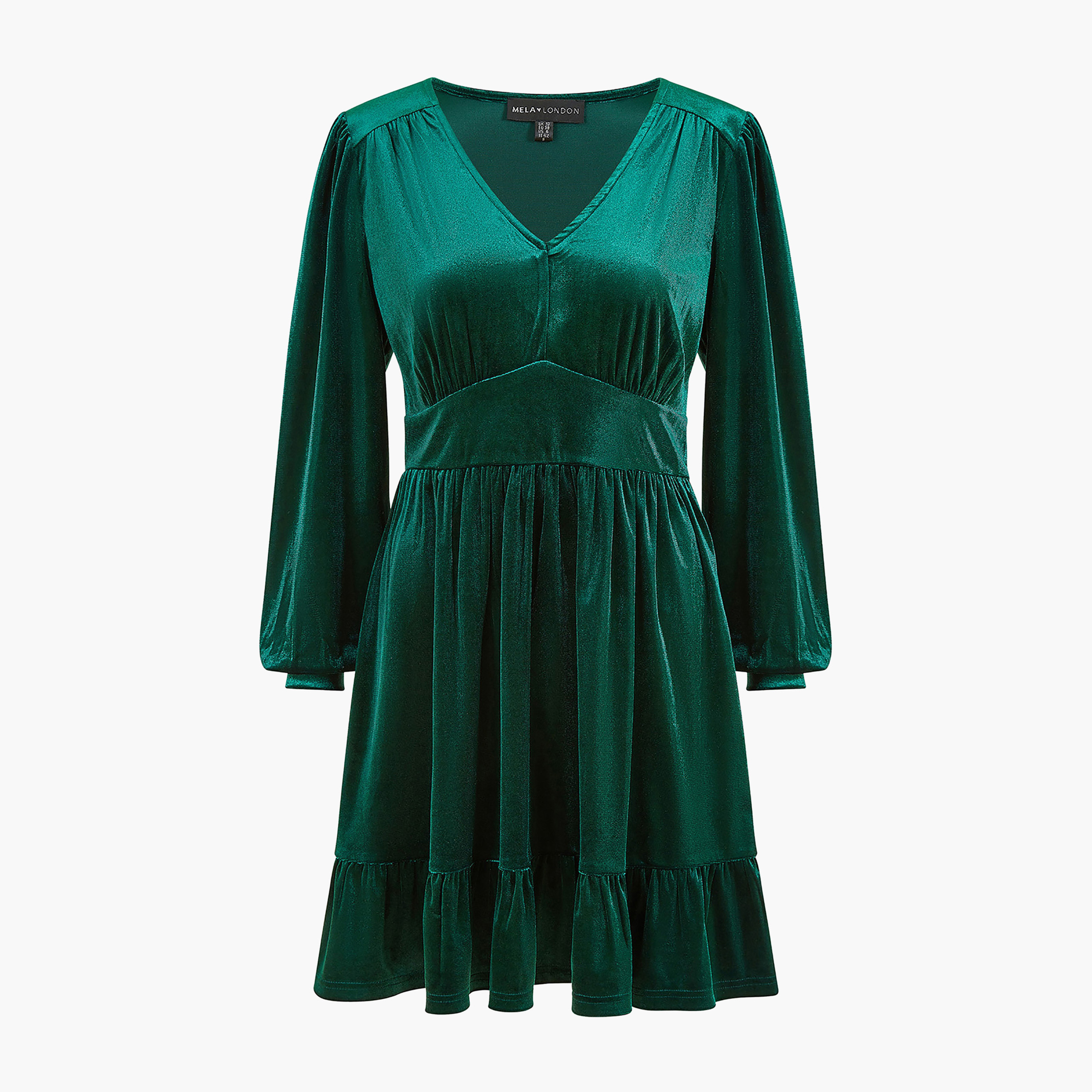 Mela London Green Velvet Long Sleeve Skater Women's Mini Dress-women-clothing-dresses-image-5