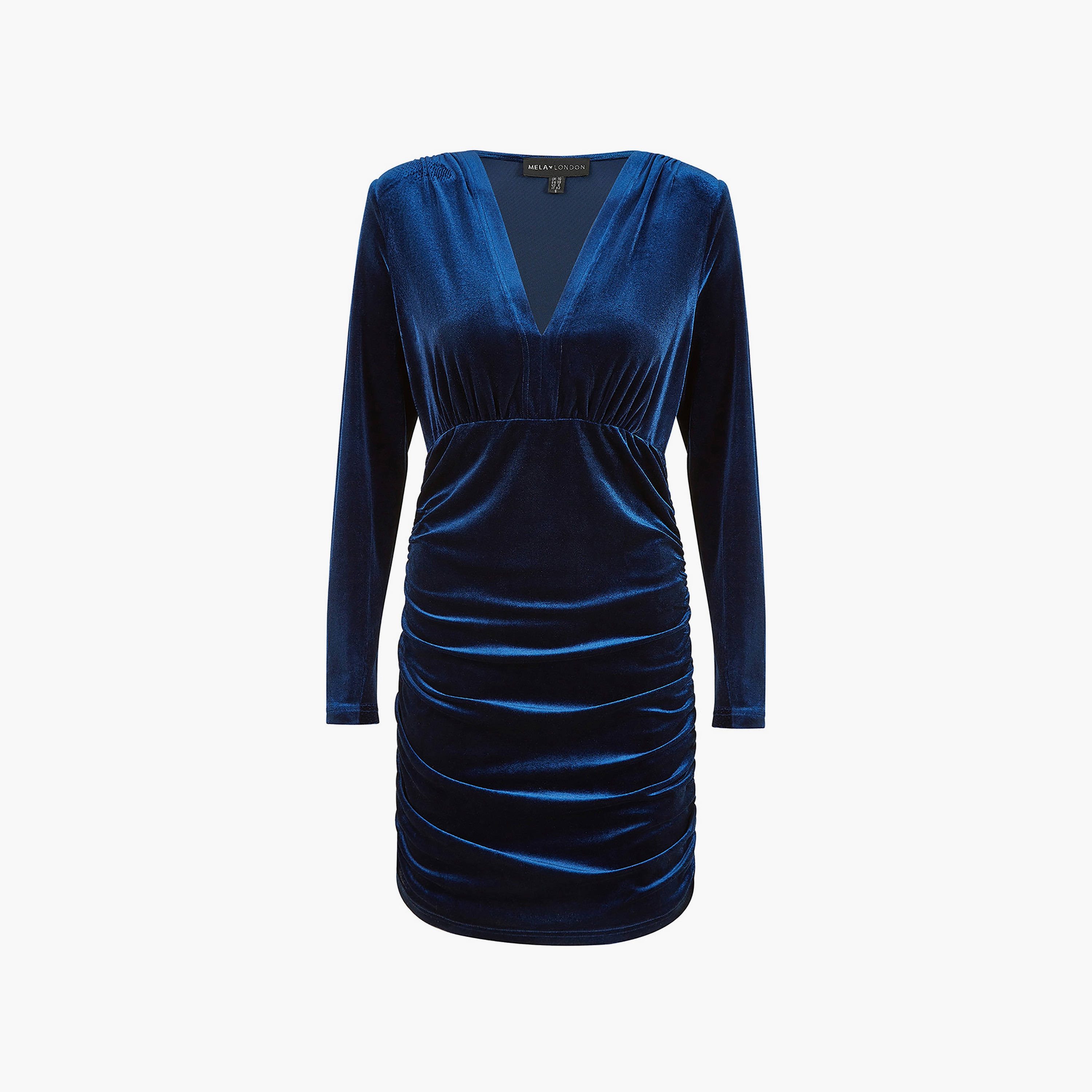Mela London Blue Velvet Long Sleeve Ruched Fitted Evening Women's Mini Dress-women-clothing-dresses-image-5
