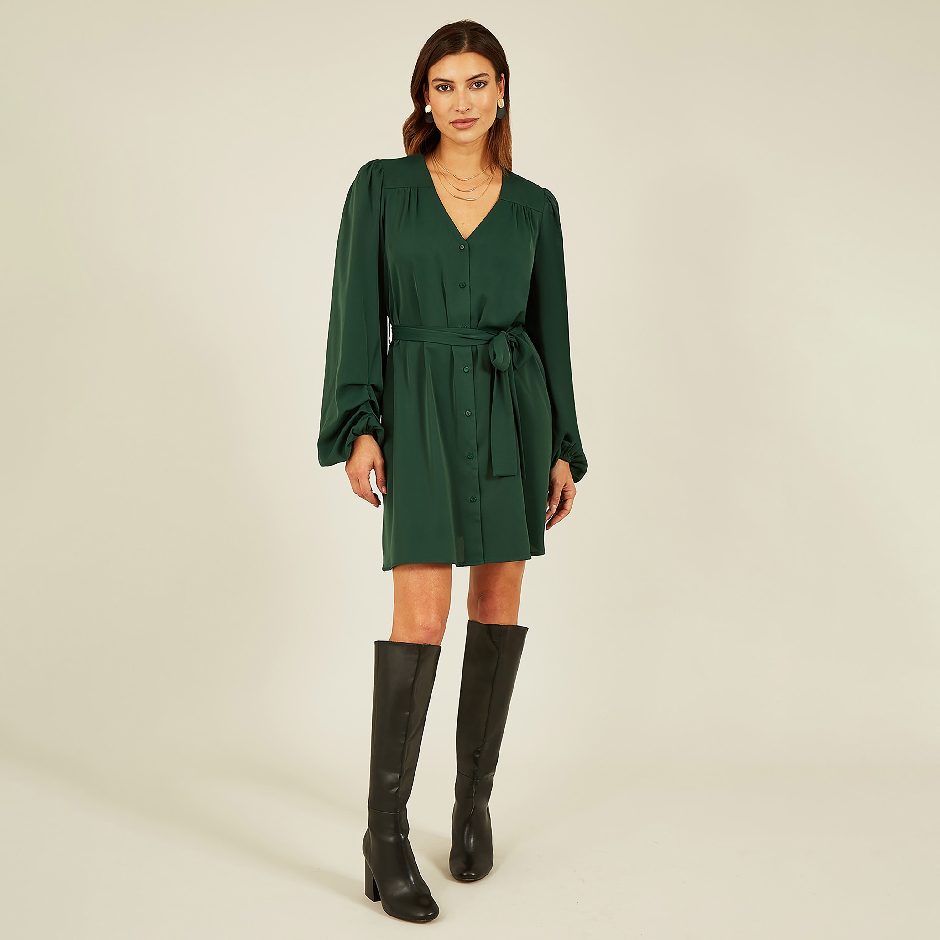 فستان نسائي قصير بأكمام منفوخة وقميص أخضر من ميلا لندن-women-clothing-dresses-image-1
