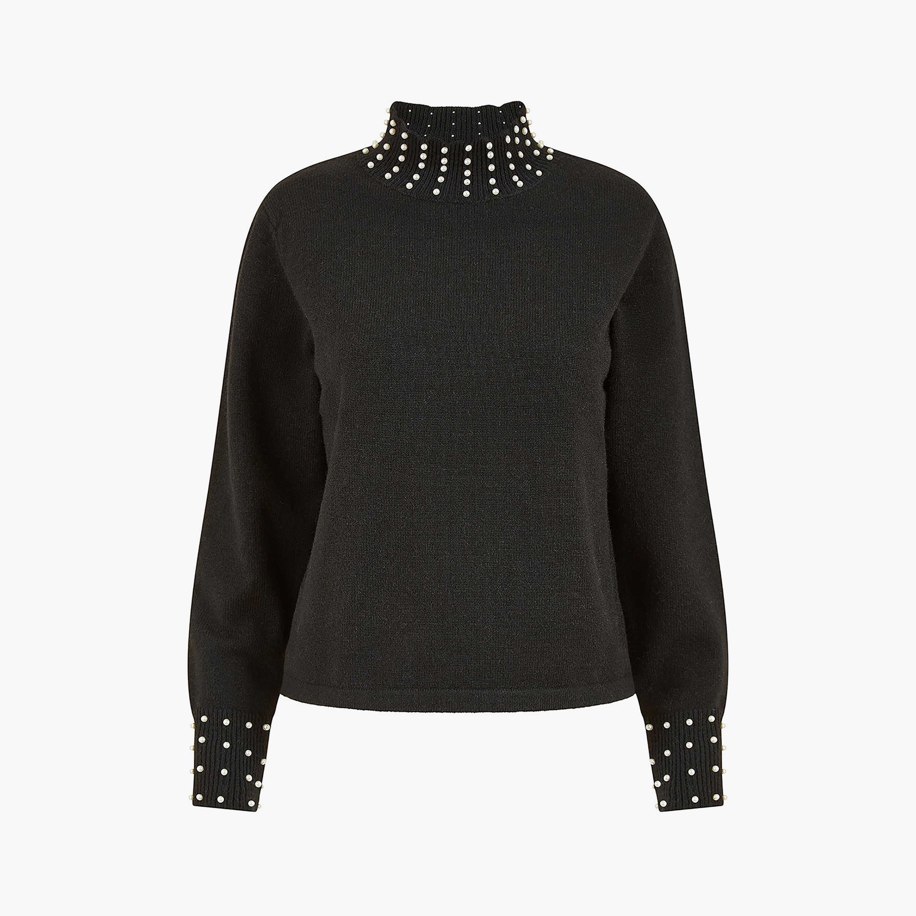 جامبر نسائي برقبة عالية مزين باللؤلؤ باللون الأسود من ميلا لندن-women-winterwear-cardigansandjumpers-jumpers-image-4