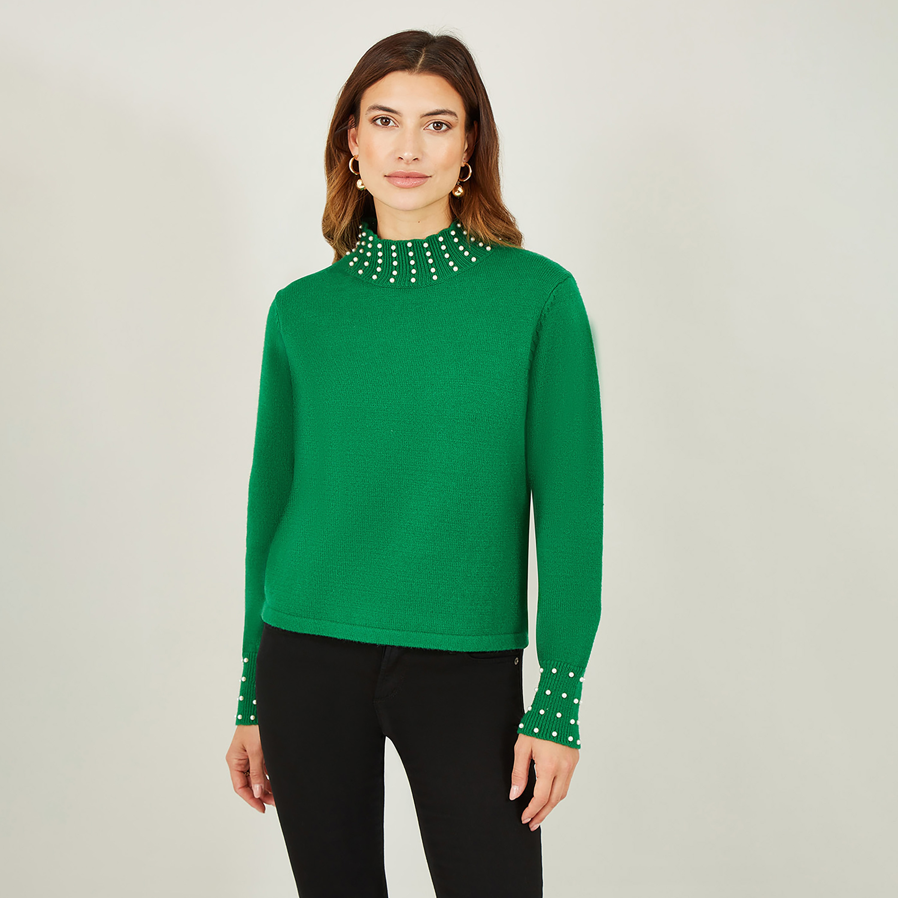 جامبر نسائي برقبة عالية مزين باللؤلؤ باللون الأخضر من ميلا لندن-women-winterwear-cardigansandjumpers-jumpers-image-1