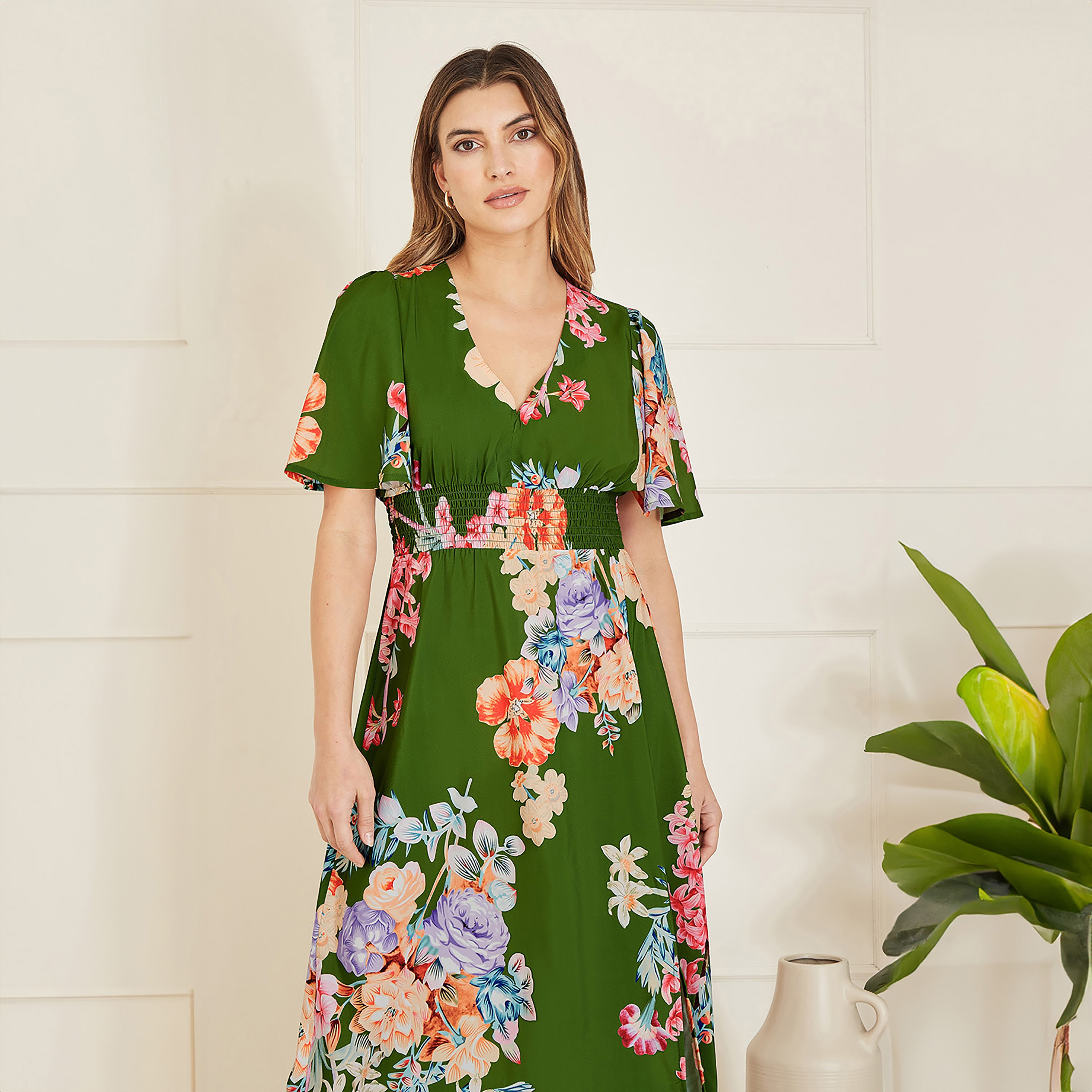 Mela London Green Floral Ruched Waist Women's Maxi Dress with Split Hemline-women-clothing-dresses-image-1