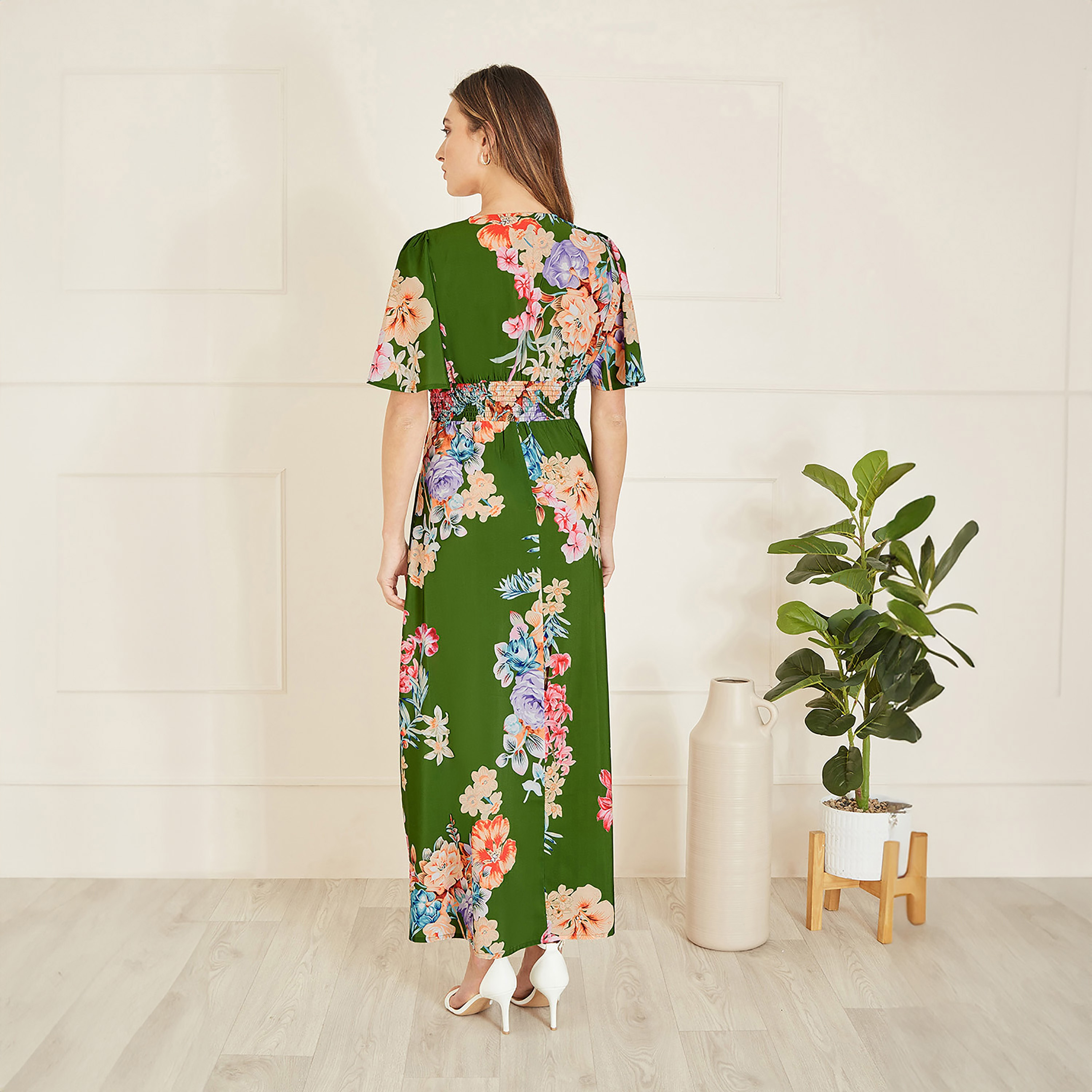 Mela London Green Floral Ruched Waist Women's Maxi Dress with Split Hemline-women-clothing-dresses-image-2