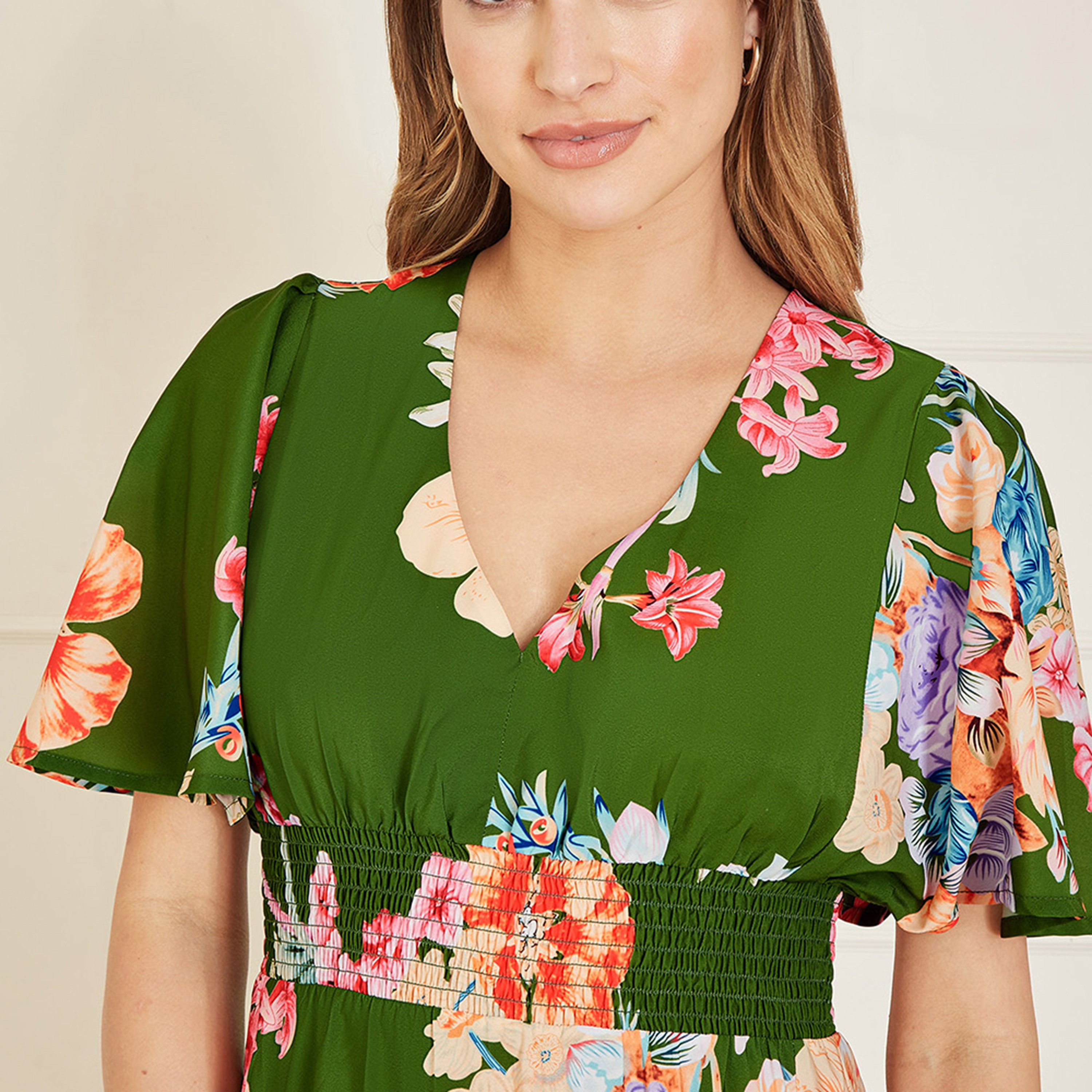 Mela London Green Floral Ruched Waist Women's Maxi Dress with Split Hemline-women-clothing-dresses-image-3