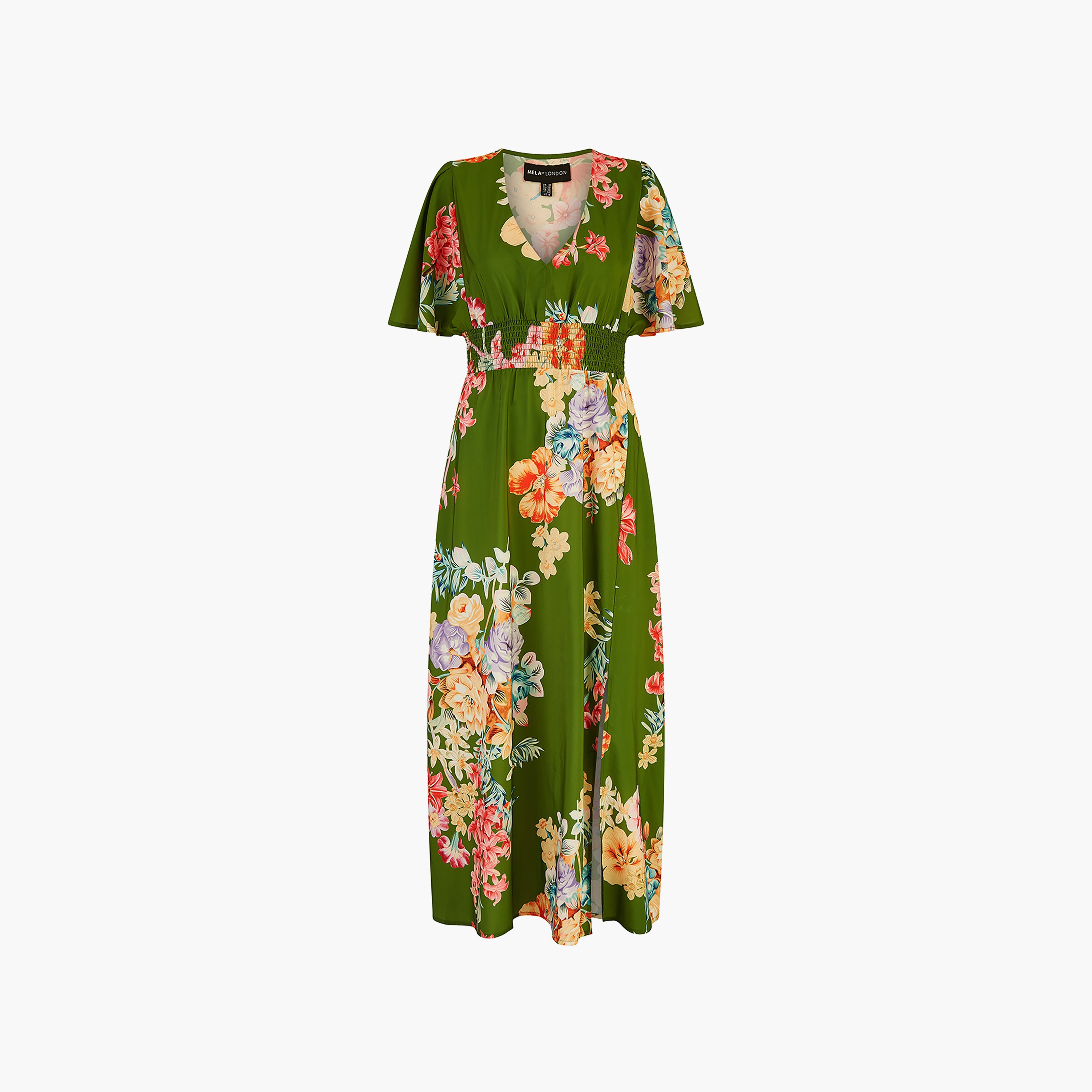 Mela London Green Floral Ruched Waist Women's Maxi Dress with Split Hemline-women-clothing-dresses-image-4