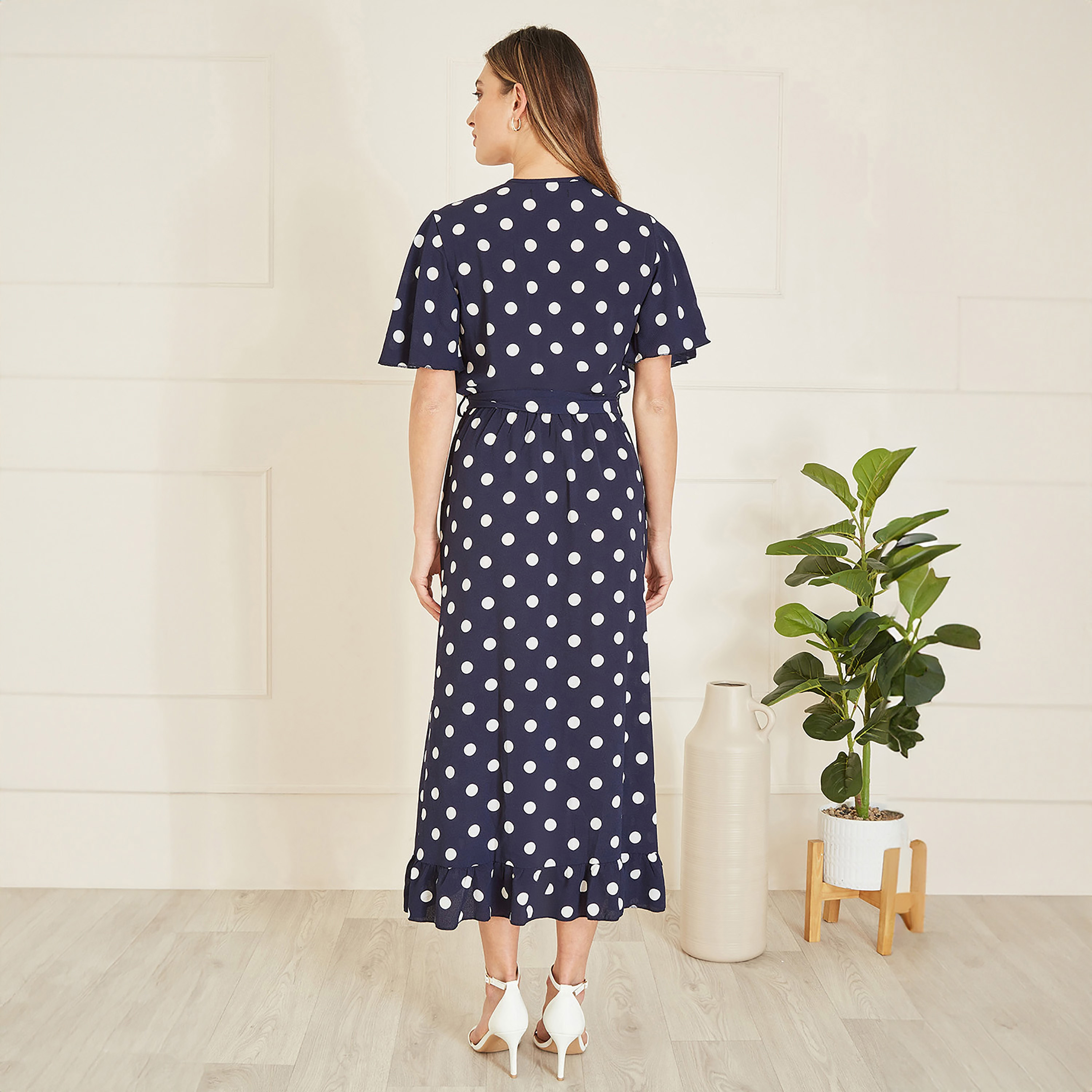 Mela London Navy Spot Print Wrap Women's Midi Dress with Frill Detail-women-clothing-dresses-image-2