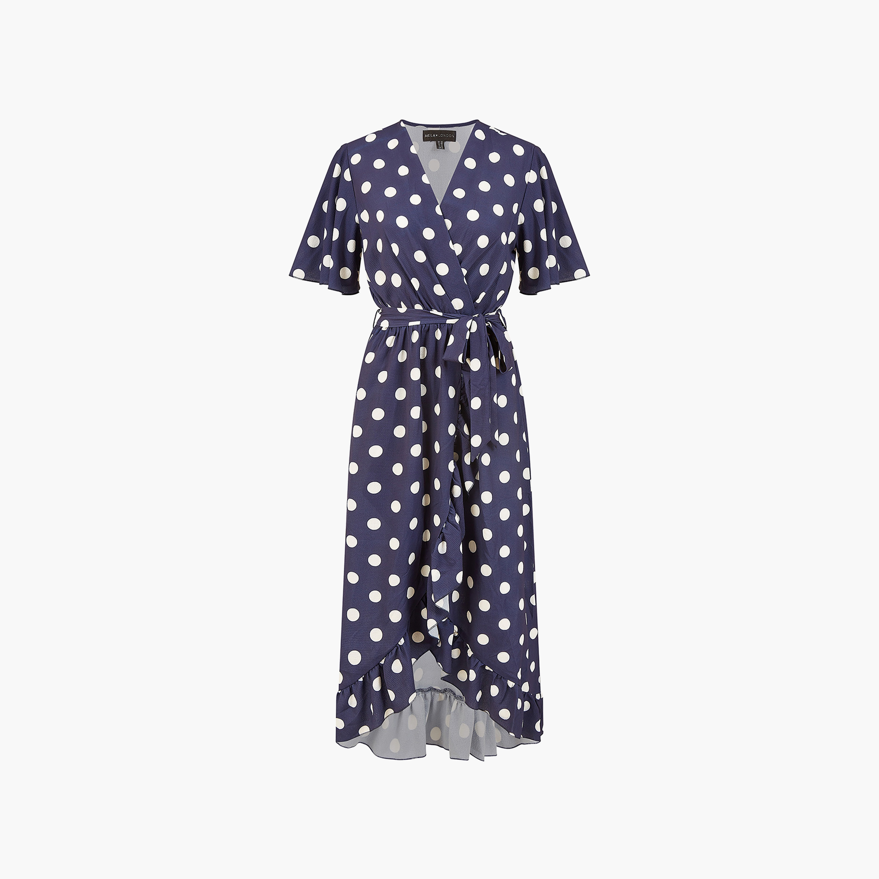 Mela London Navy Spot Print Wrap Women's Midi Dress with Frill Detail-women-clothing-dresses-image-4