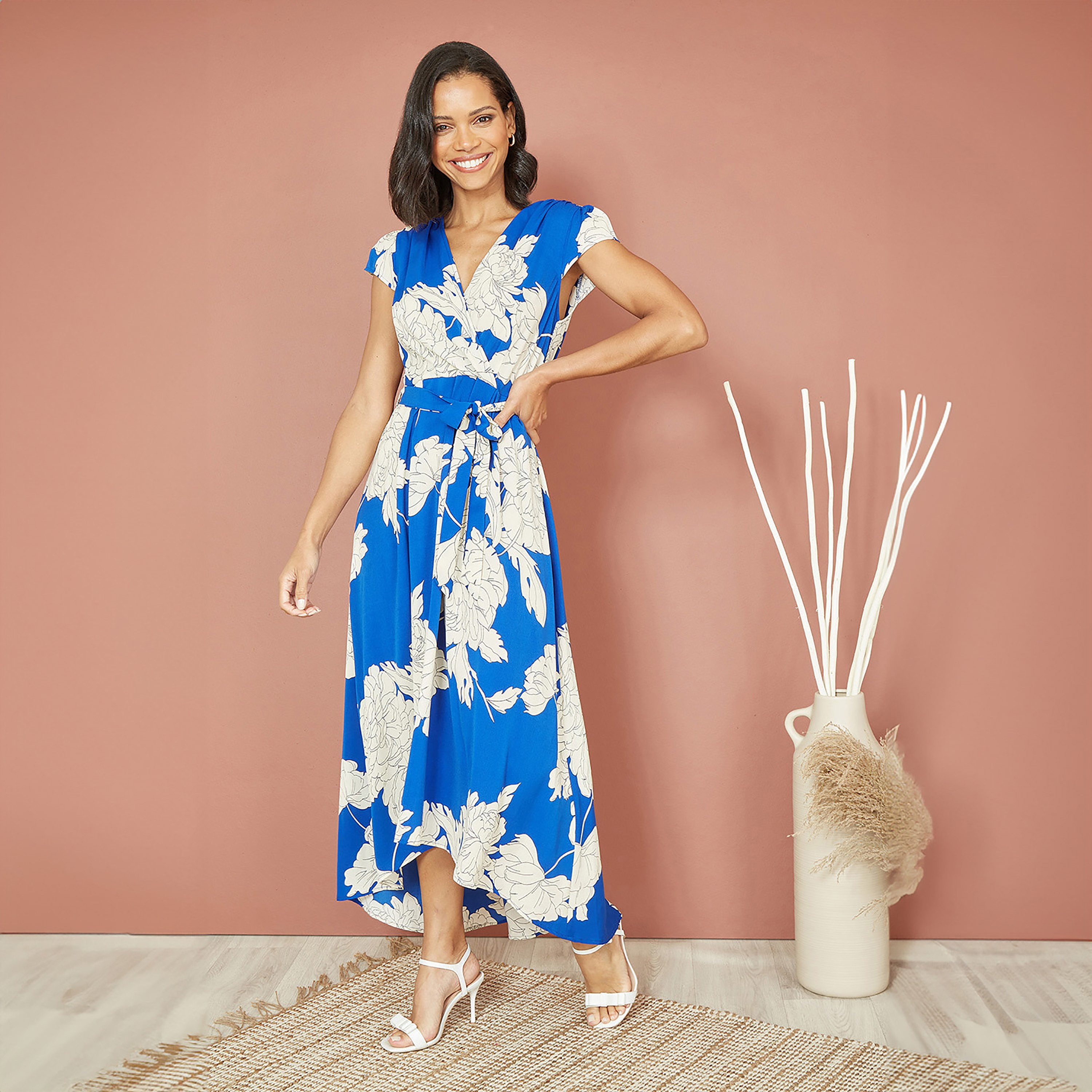 Mela London Blue Blossom Print Wrap Women's Midi Dress with Dipped Hem-women-clothing-dresses-image-4