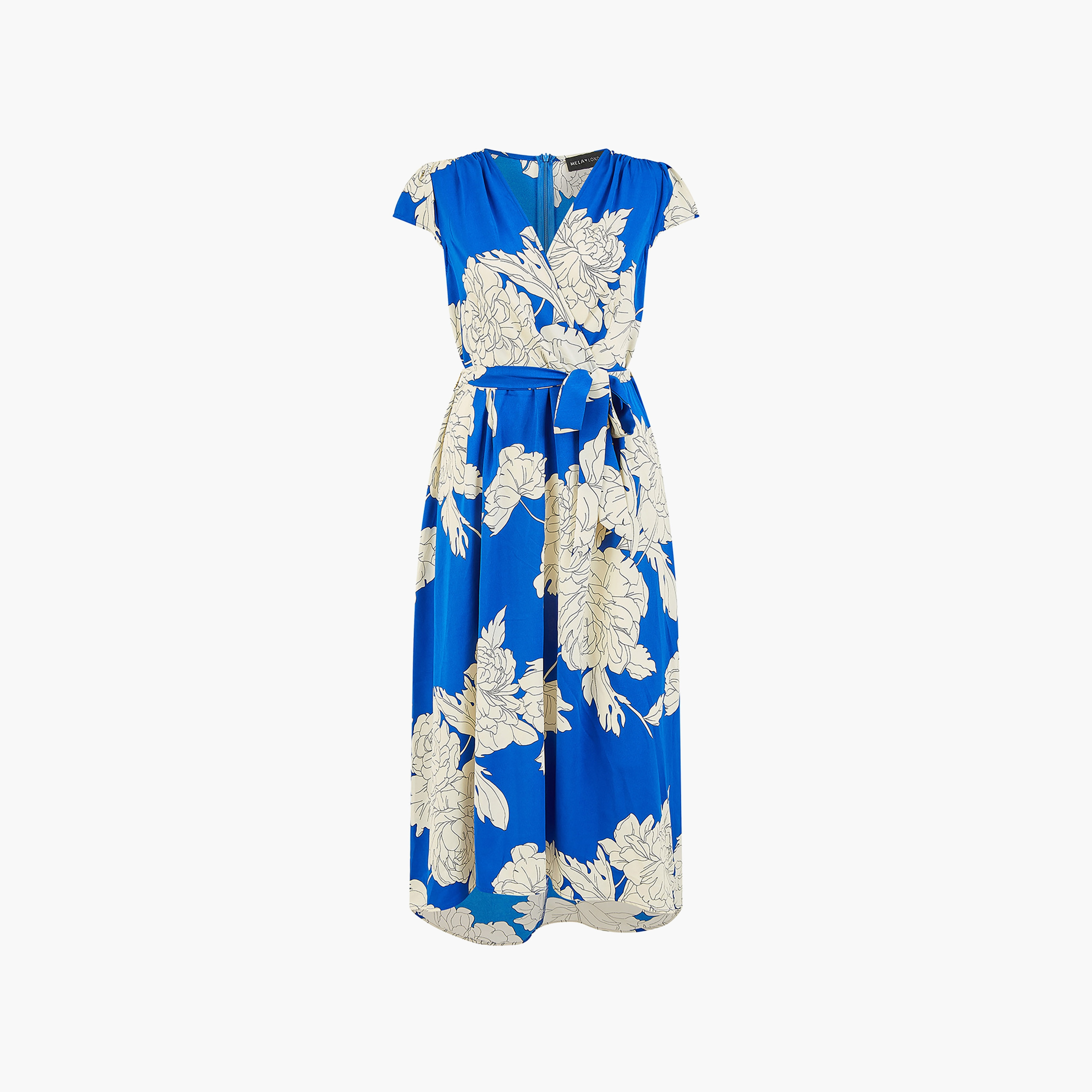 Mela London Blue Blossom Print Wrap Women's Midi Dress with Dipped Hem-women-clothing-dresses-image-6