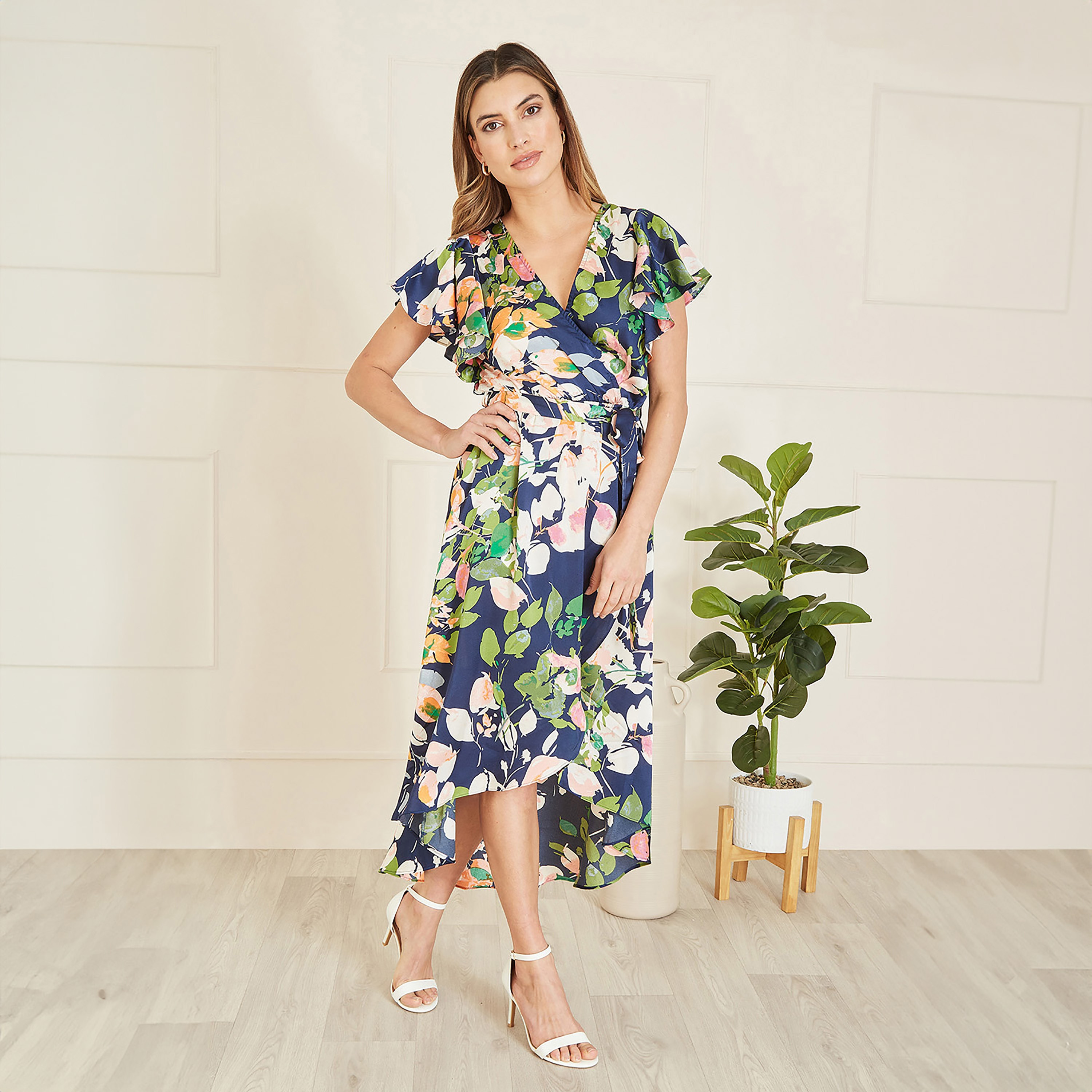 فستان نسائي متوسط الطول باللون الأزرق الداكن مع أكمام مكشكشة من الساتان من ميلا لندن-women-clothing-dresses-image-1